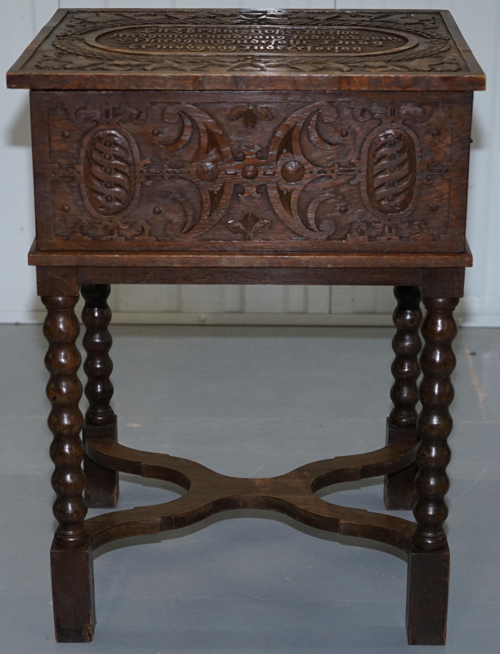 Rare 17th Century Heavily Carved Box & Stand Danish Inscription, Marriage Chest 1