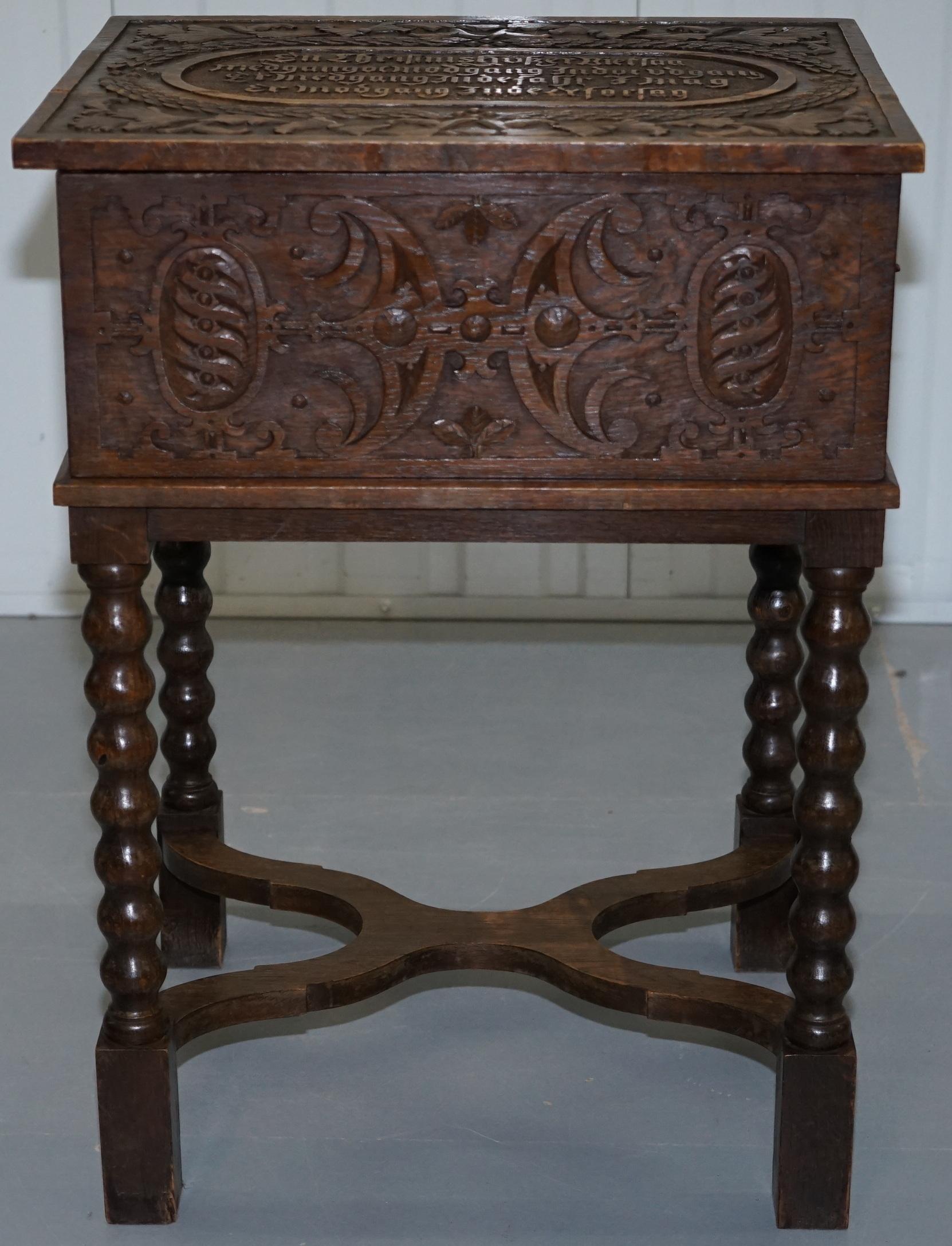Oak Rare 17th Century Heavily Carved Box & Stand Danish Inscription, Marriage Chest