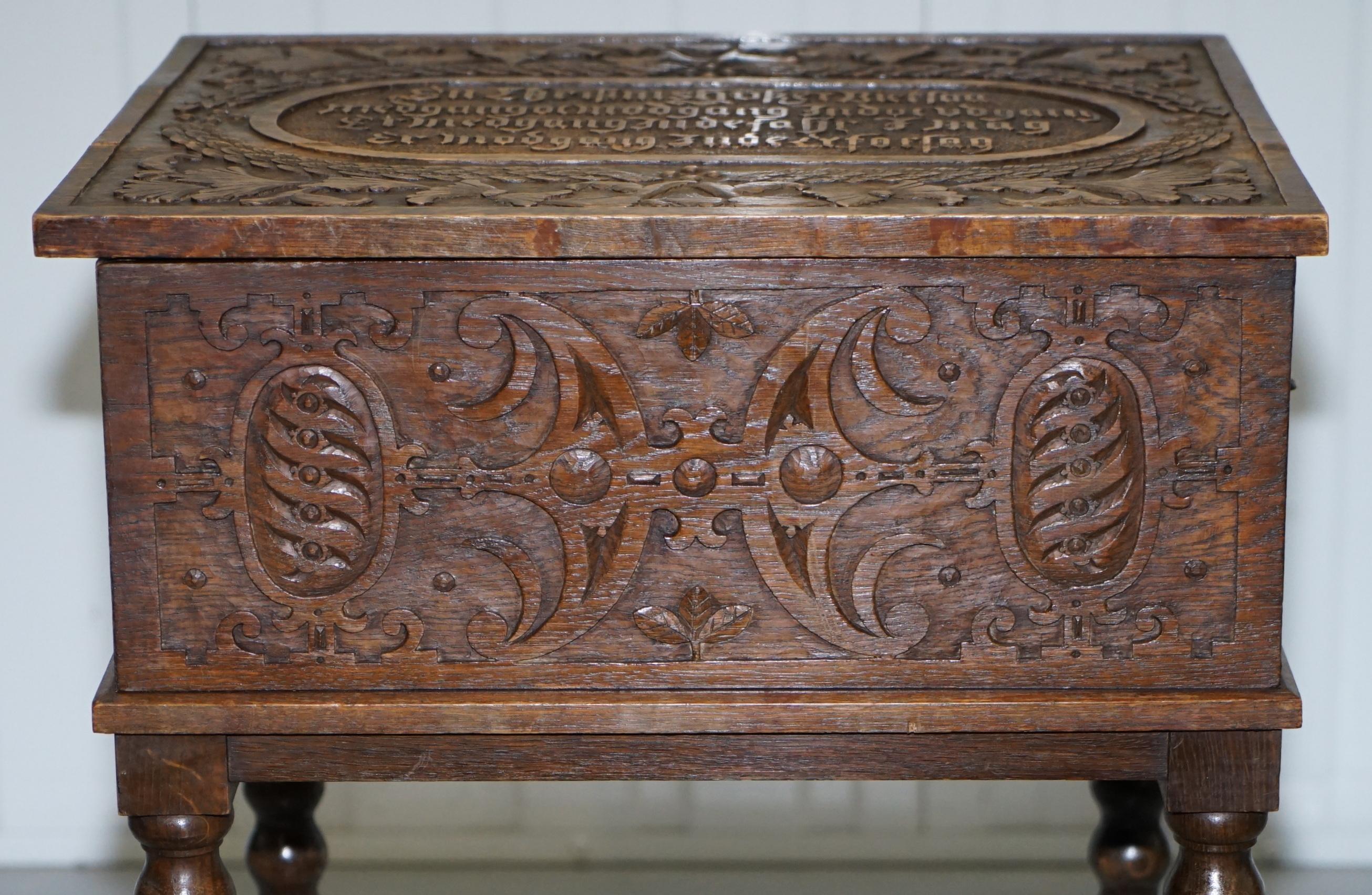 Rare 17th Century Heavily Carved Box & Stand Danish Inscription, Marriage Chest 2