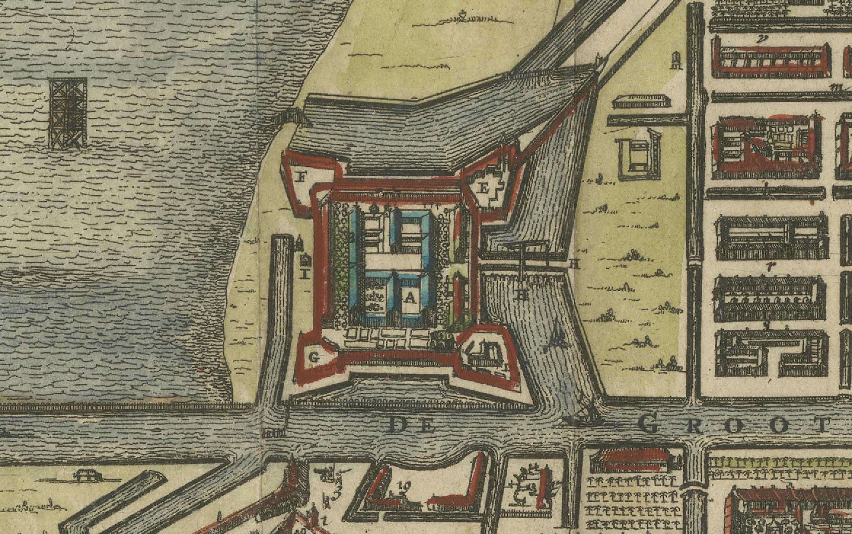 Rare 17th Century Map of Batavia and Castle on Java by Isaac de l'Obel For Sale 7