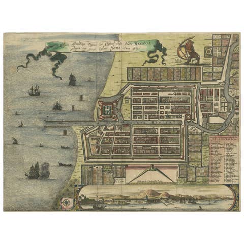 Rare 17th Century Map of Batavia and Castle on Java by Isaac de l'Obel