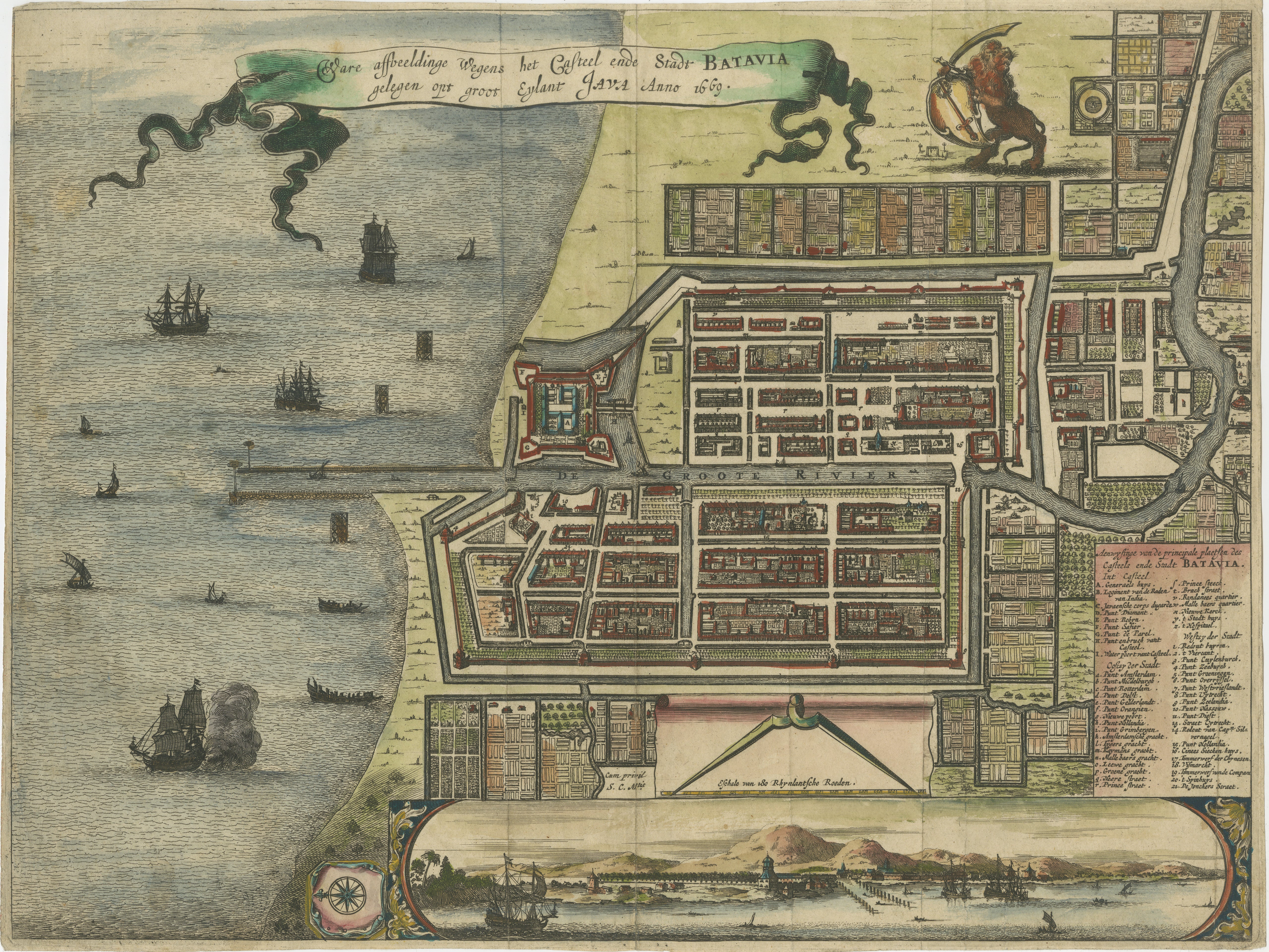 Rare 17th Century Map of Batavia and Castle on Java by Isaac de l'Obel For Sale