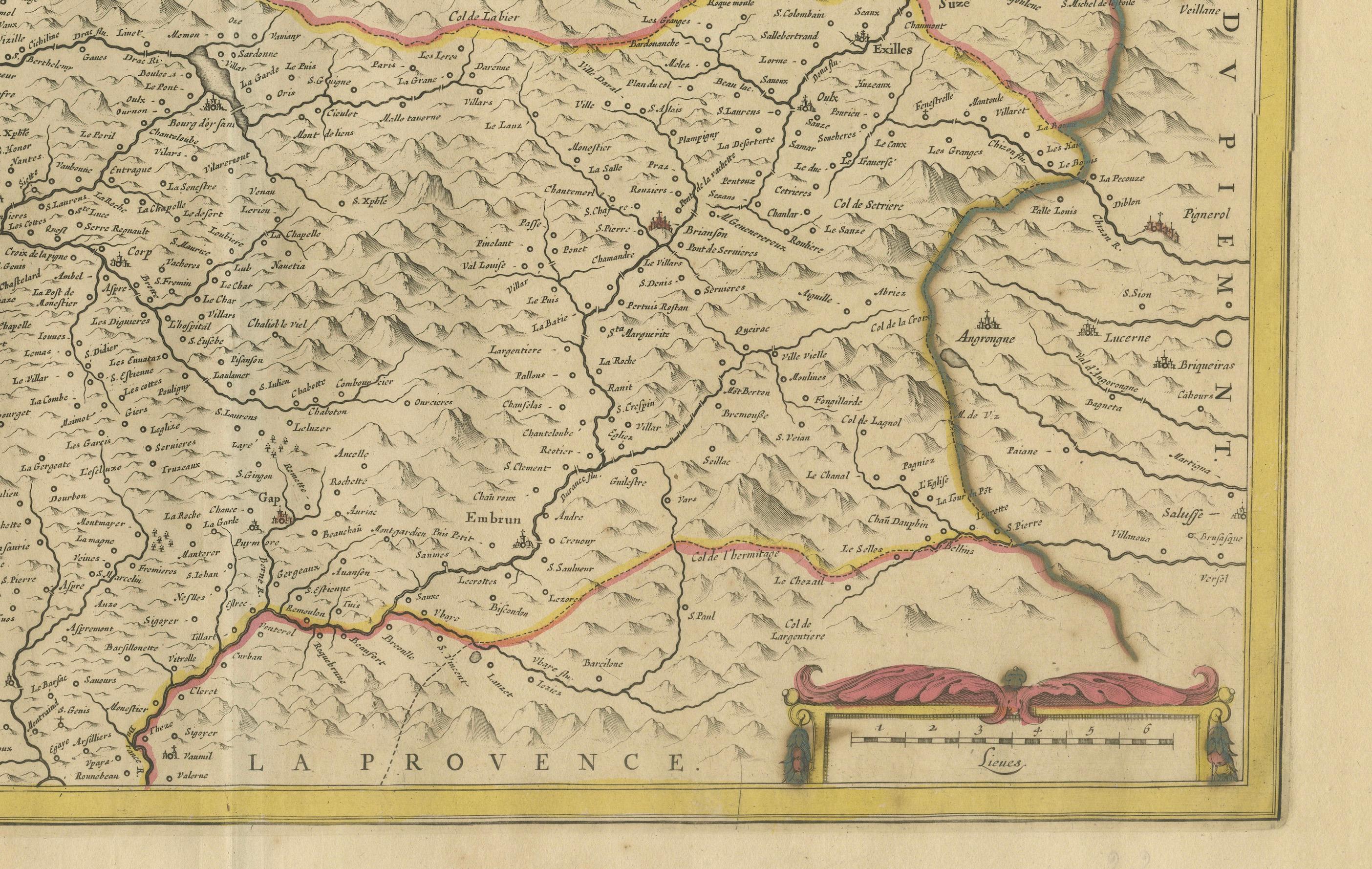 Titre : Rare carte du Dauphiné du XVIIe siècle coloriée à la main par Frederik De Wit c. 1688

Description : Cette captivante carte du Dauphiné du XVIIe siècle, intitulée 