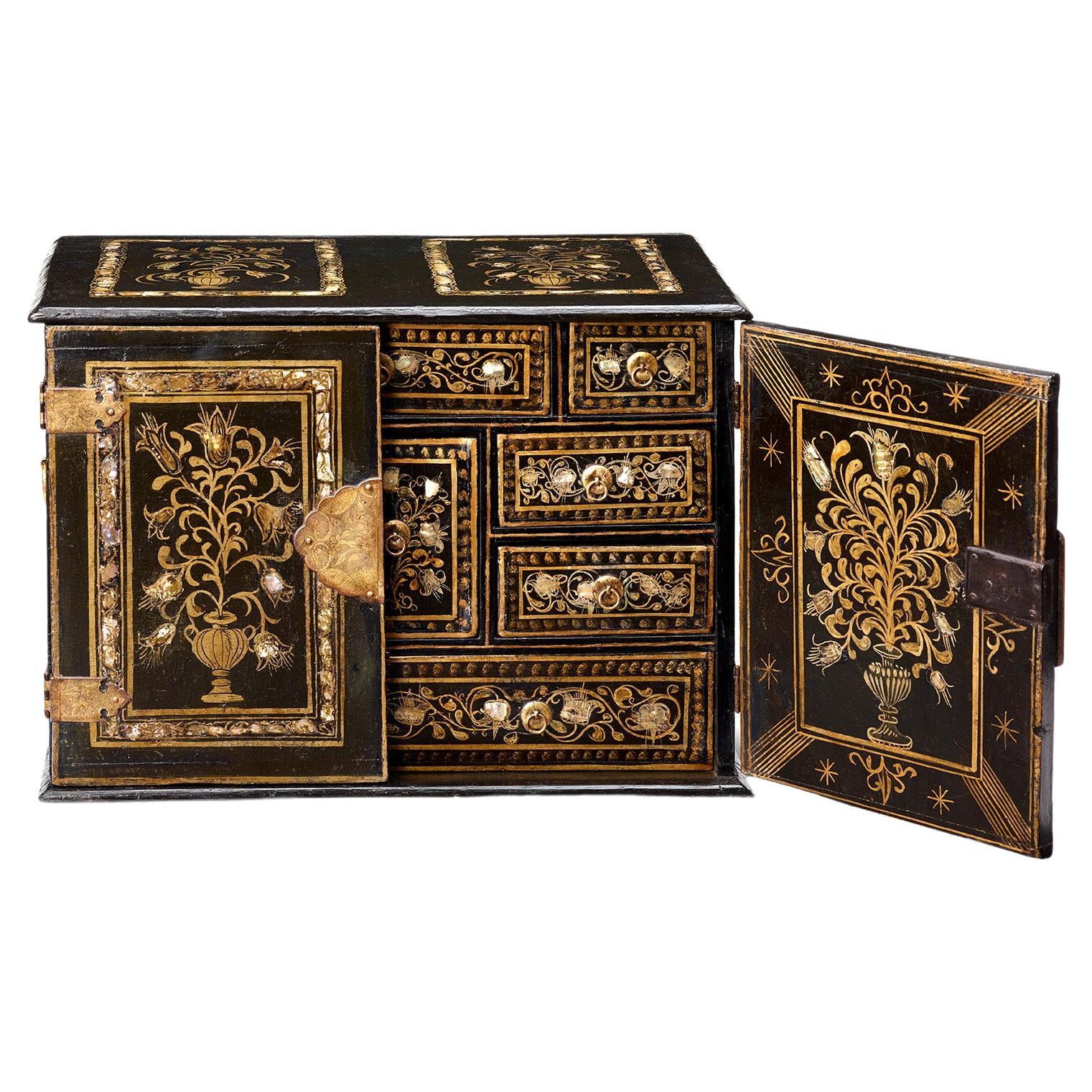 Rare 17th Century Mexican Colonial Lacquer Mother-of-pearl & Gold Inlaid Cabinet