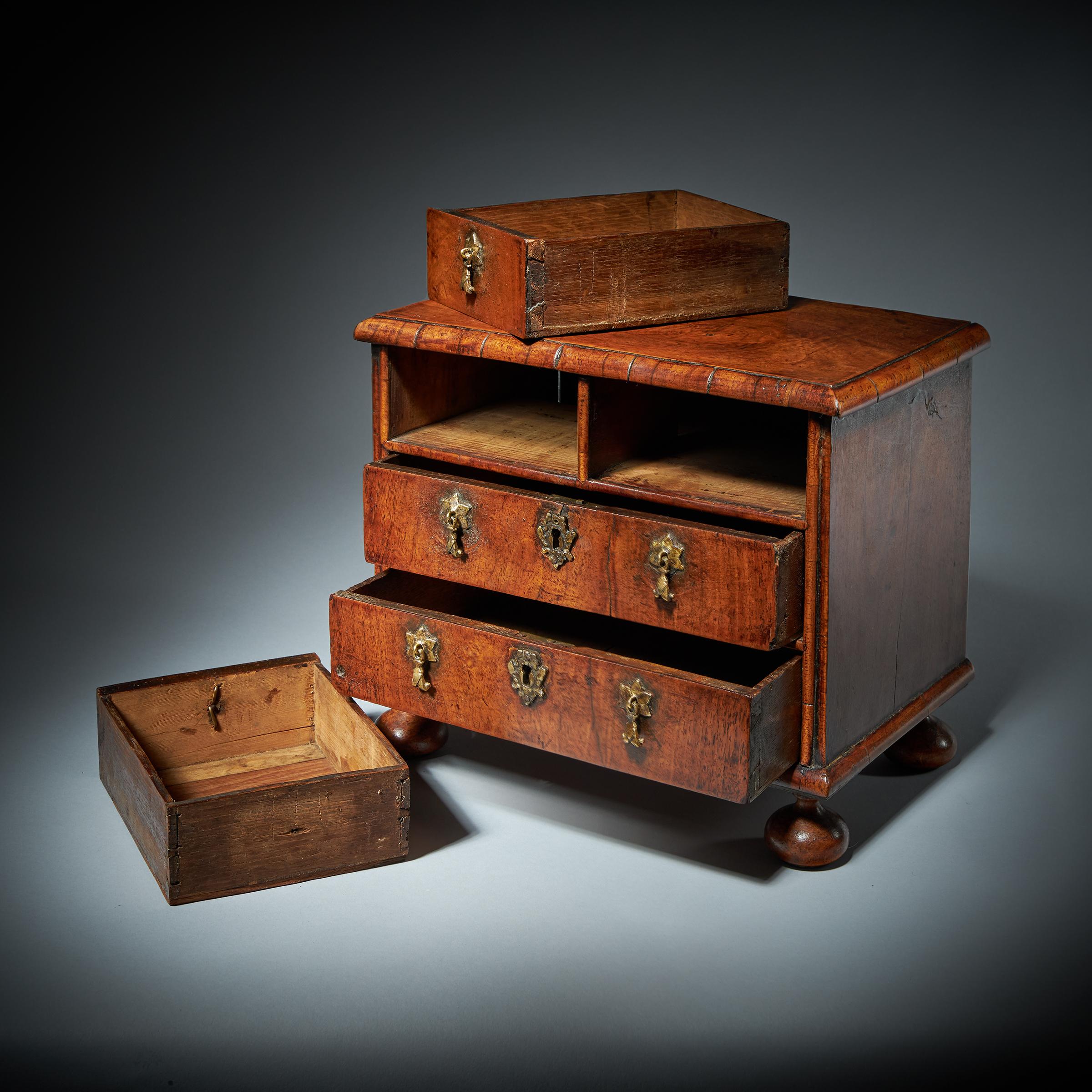 18th Century and Earlier Rare 17th Century Miniature William and Mary Walnut Table Top Chest, circa 1690 For Sale