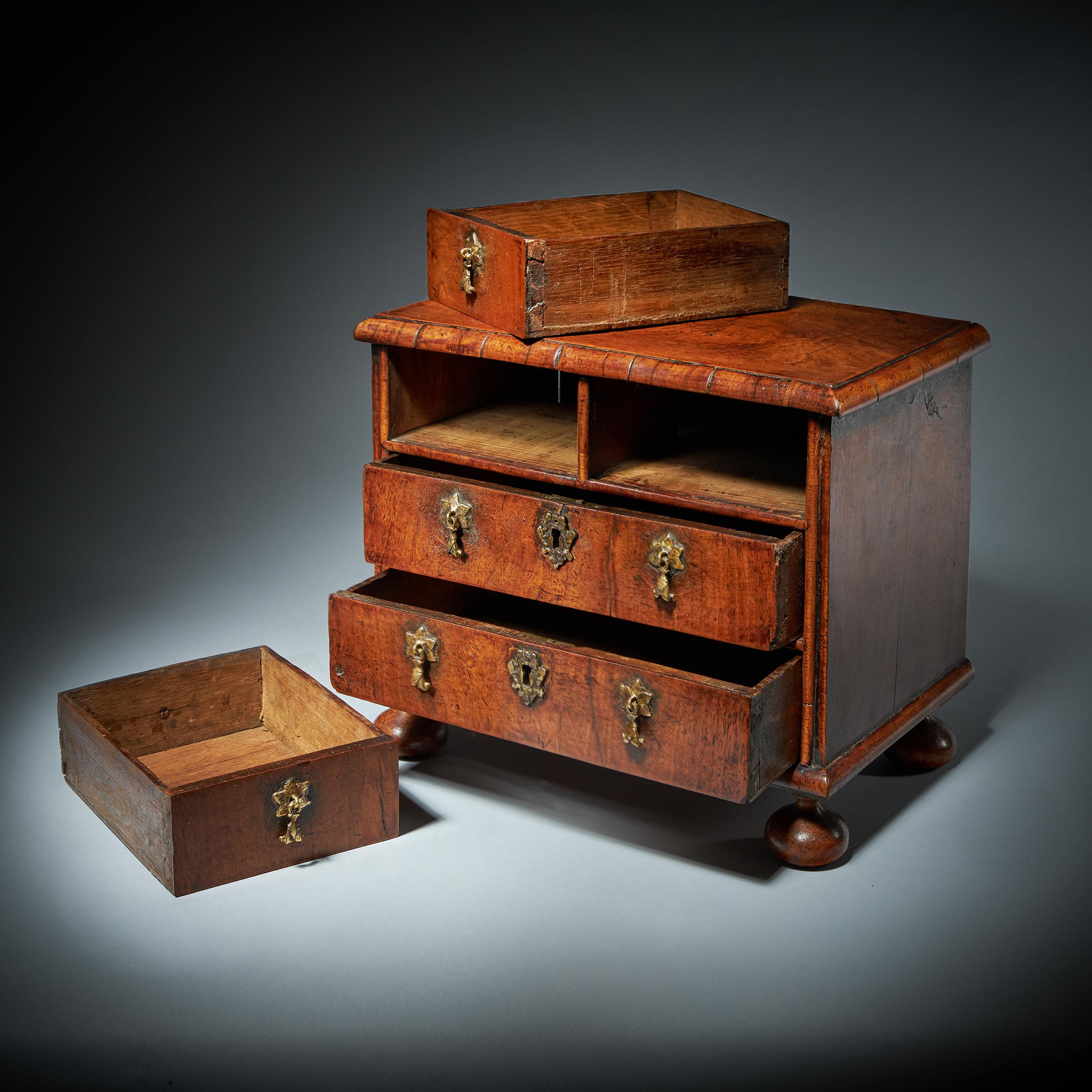 Brass Rare 17th Century Miniature William and Mary Walnut Table Top Chest, circa 1690 For Sale