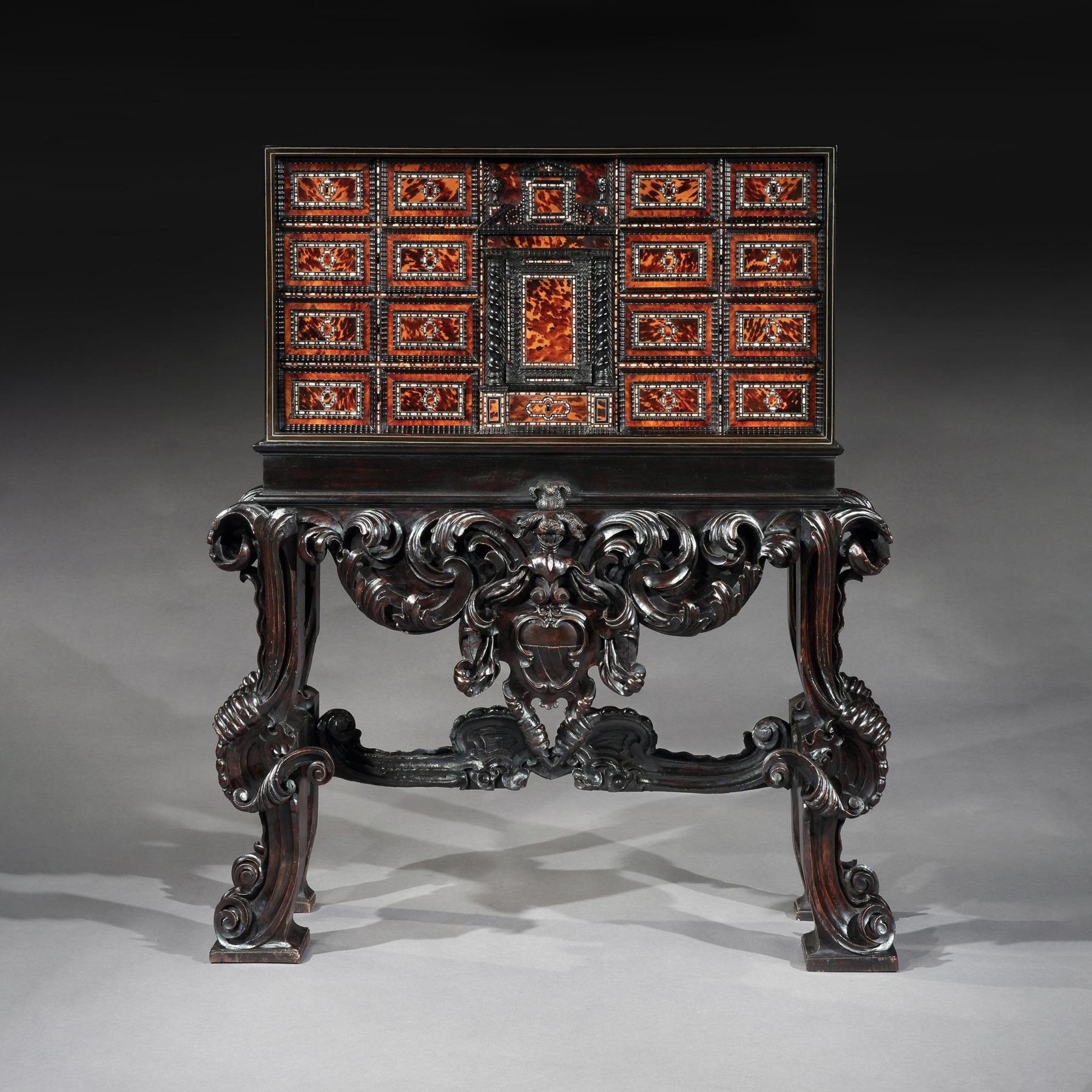 Rare 17th Century Neapolitan Ebony Tortoiseshell and Mother of Pearl Cabinet For Sale 4