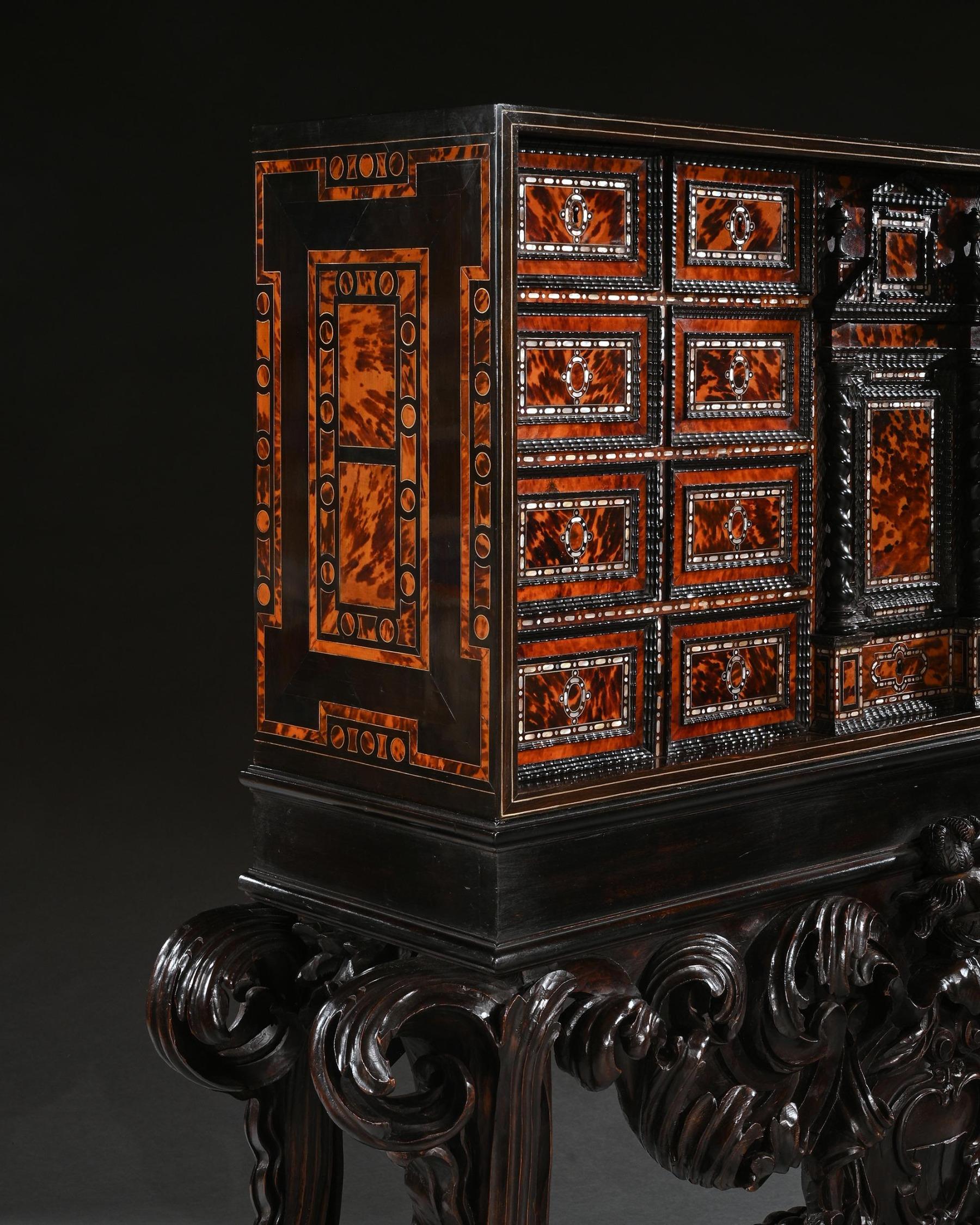 Rare 17th Century Neapolitan Ebony Tortoiseshell and Mother of Pearl Cabinet For Sale 1