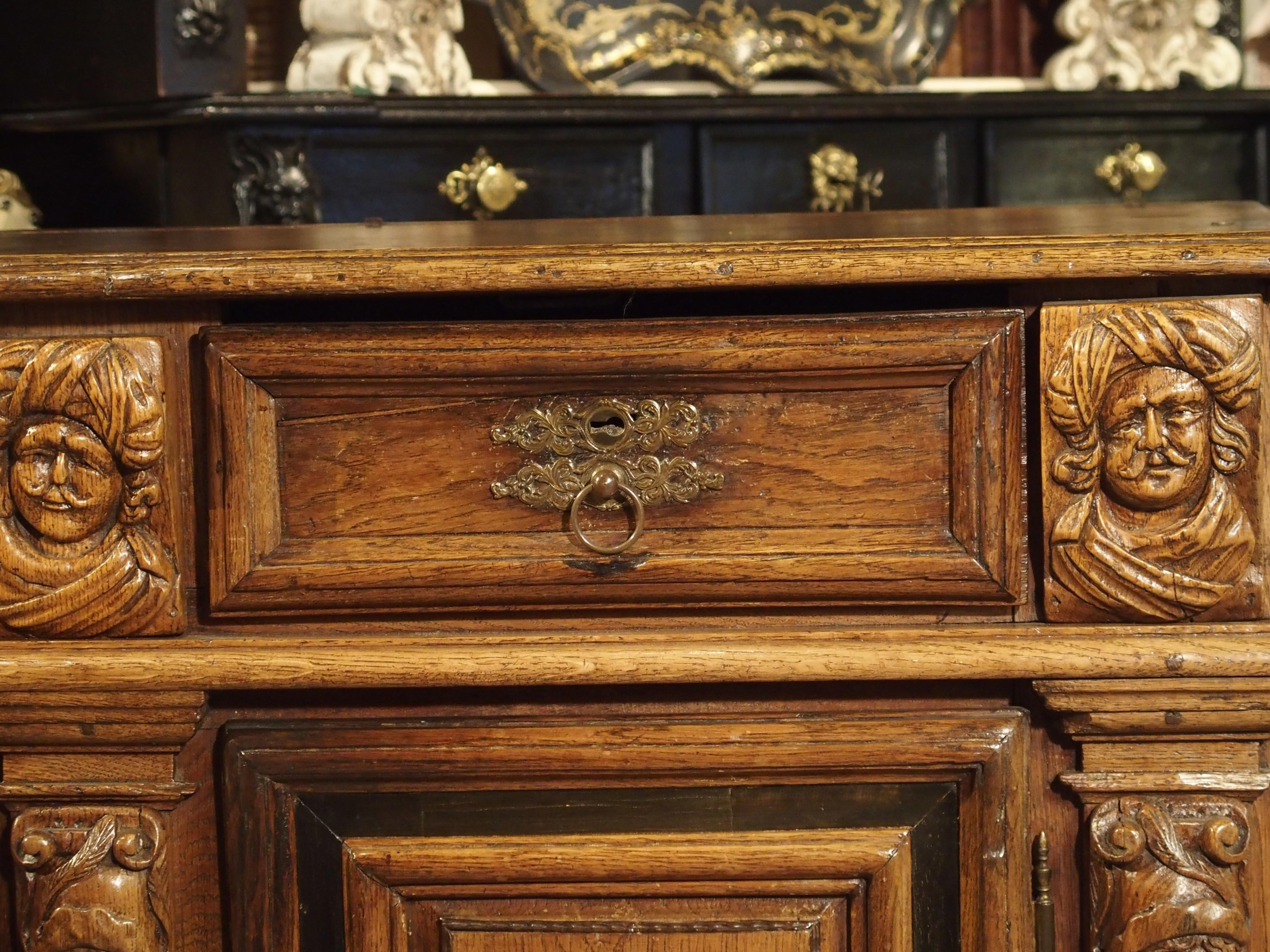 Carved Rare 17th Century Oak Enfilade with Tortoiseshell and Ebony Inlays For Sale