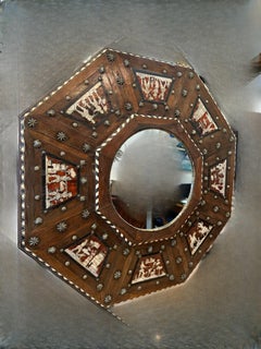 Rare 17th Century Octagonal Baroque Inlaid Wood Framed Mirror