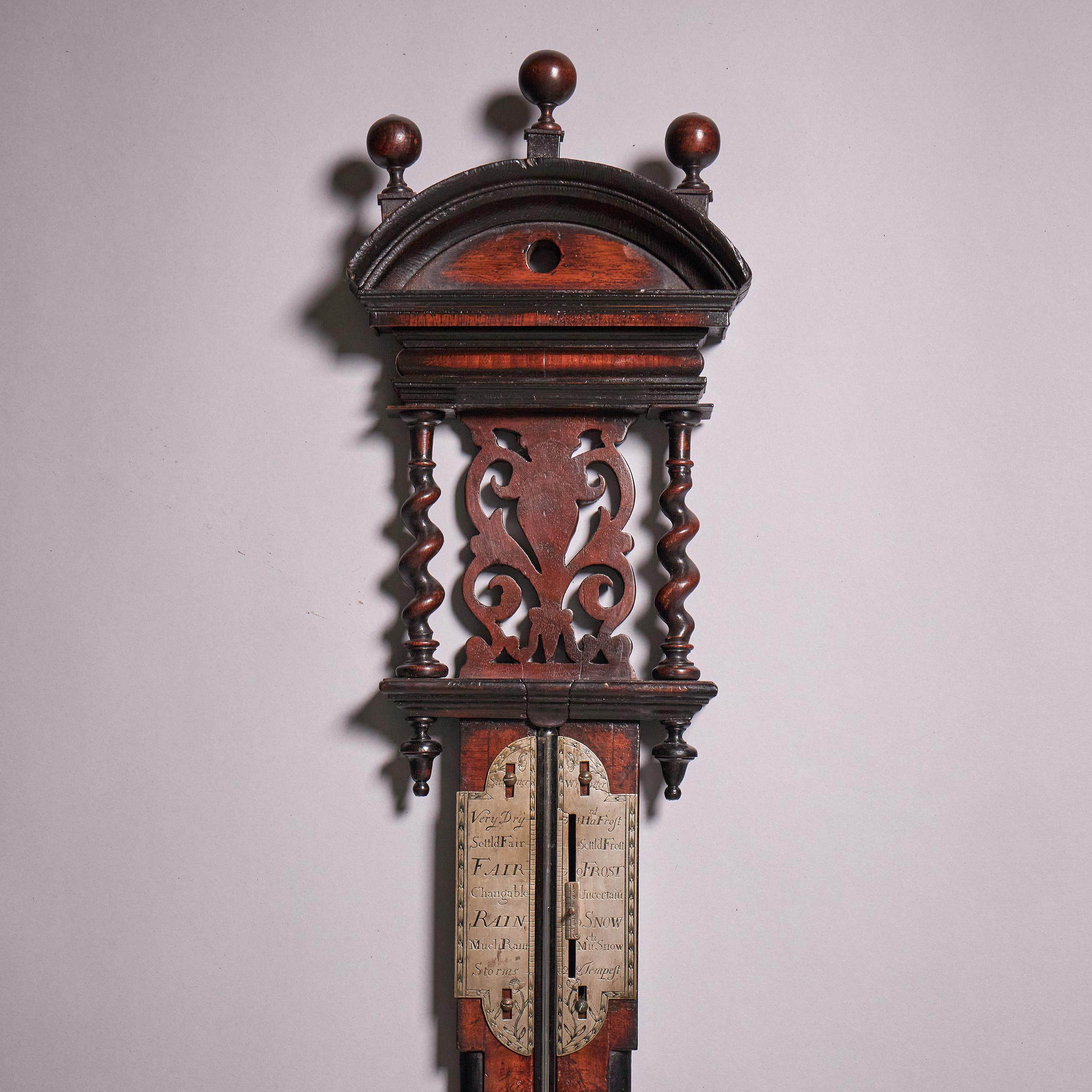 English Rare Early 18th Century Queen Anne Walnut Stick Barometer, Circa 1705-1710