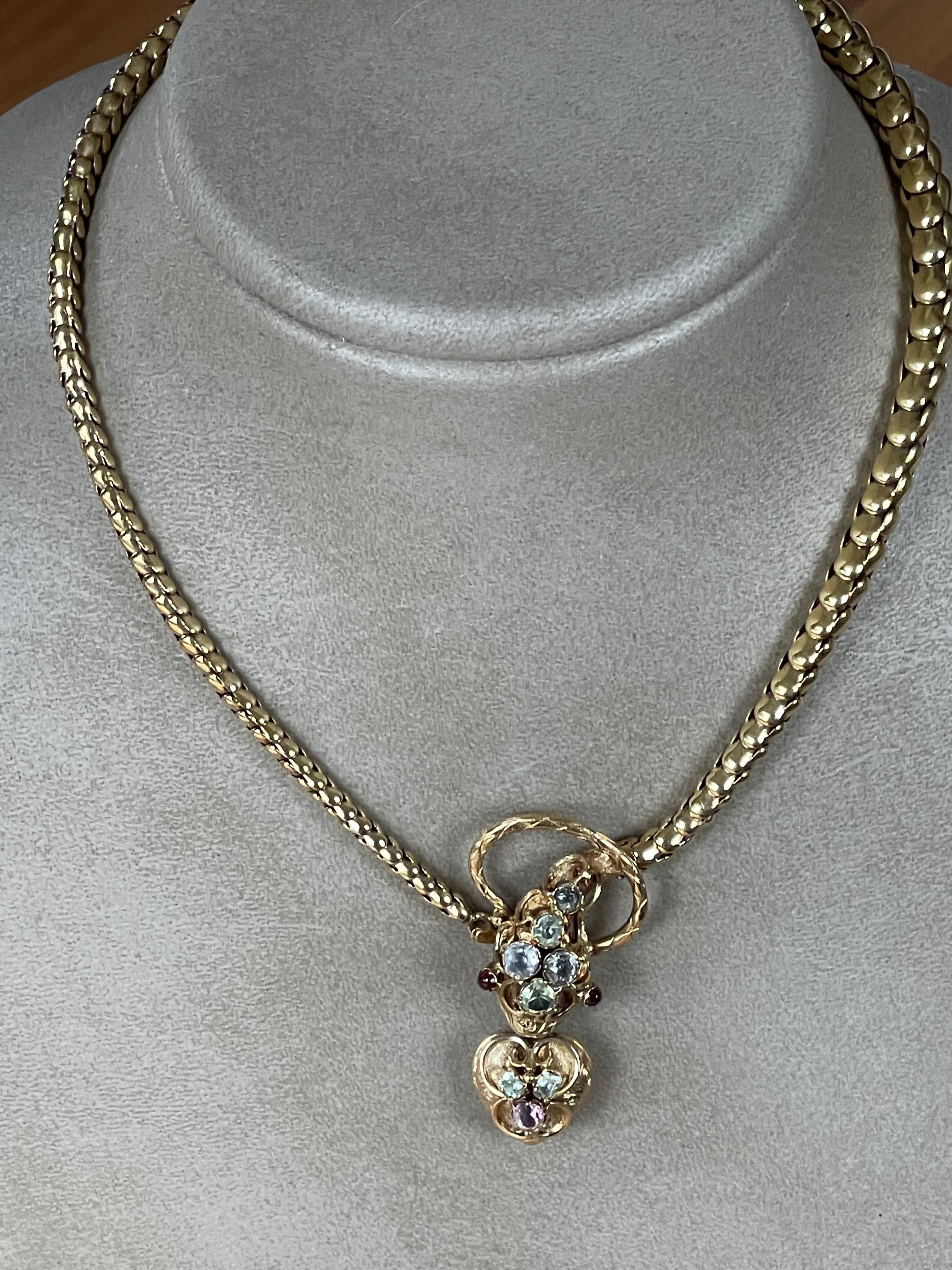 Rare 18 K Yellow Gold Victorian Snake Necklace Colored Stones In Good Condition For Sale In Zurich, Zollstrasse