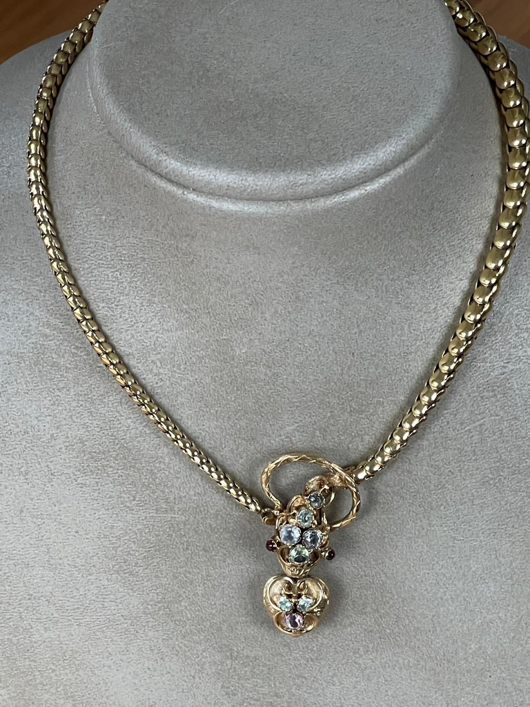 Rare 18 K Yellow Gold Victorian Snake Necklace Colored Stones For Sale 2