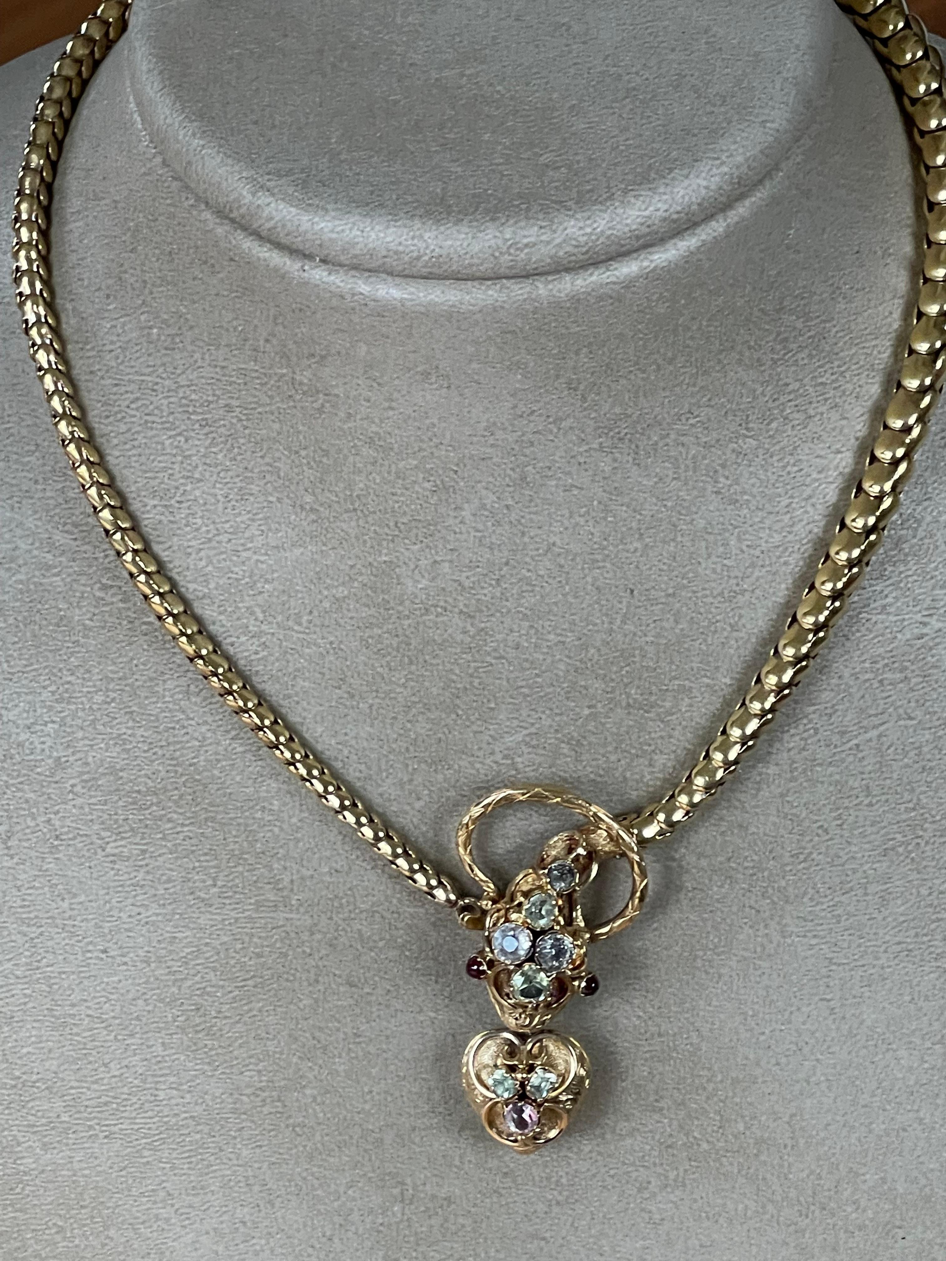 Women's Rare 18 K Yellow Gold Victorian Snake Necklace Colored Stones For Sale