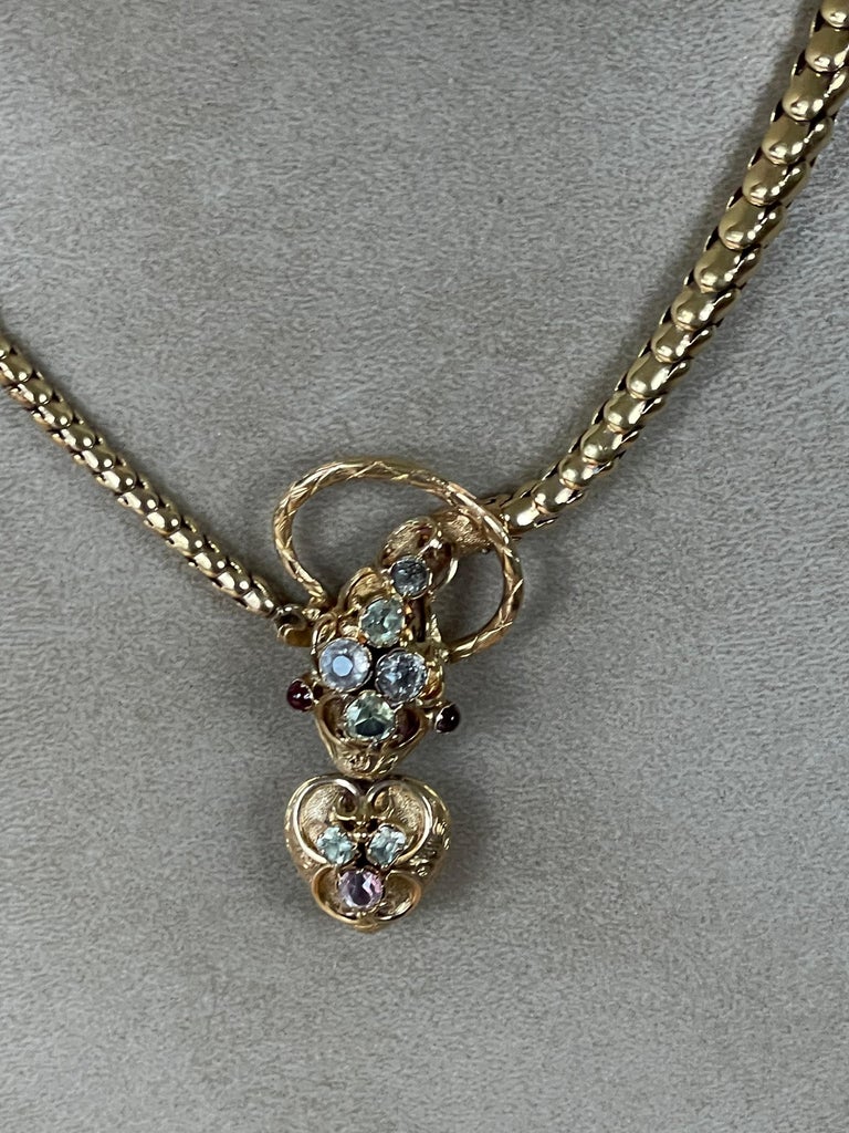 Rare 18 K Yellow Gold Victorian Snake Necklace Colored Stones For Sale 4