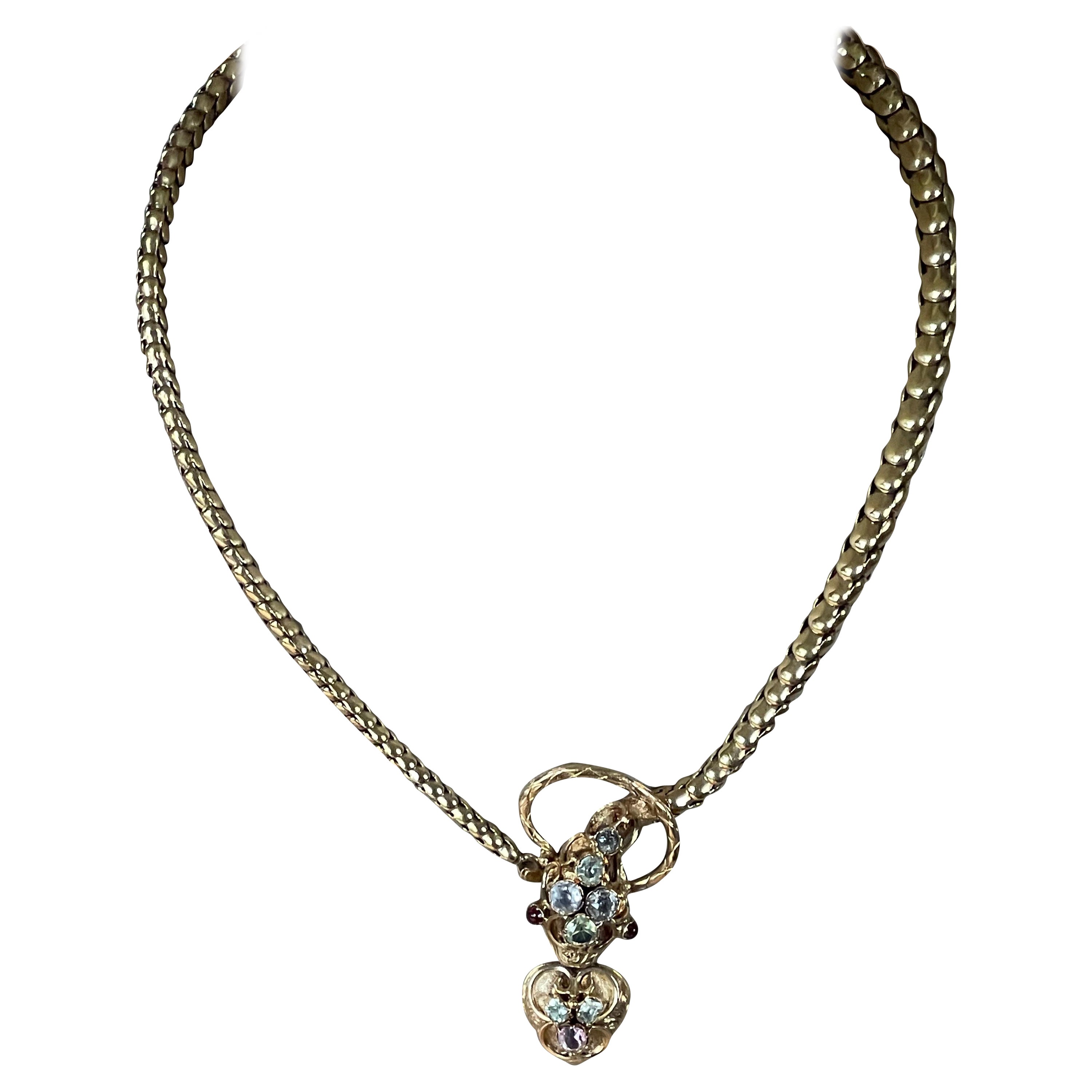 Rare collier serpent victorien en or jaune 18 carats avec pierres de couleur