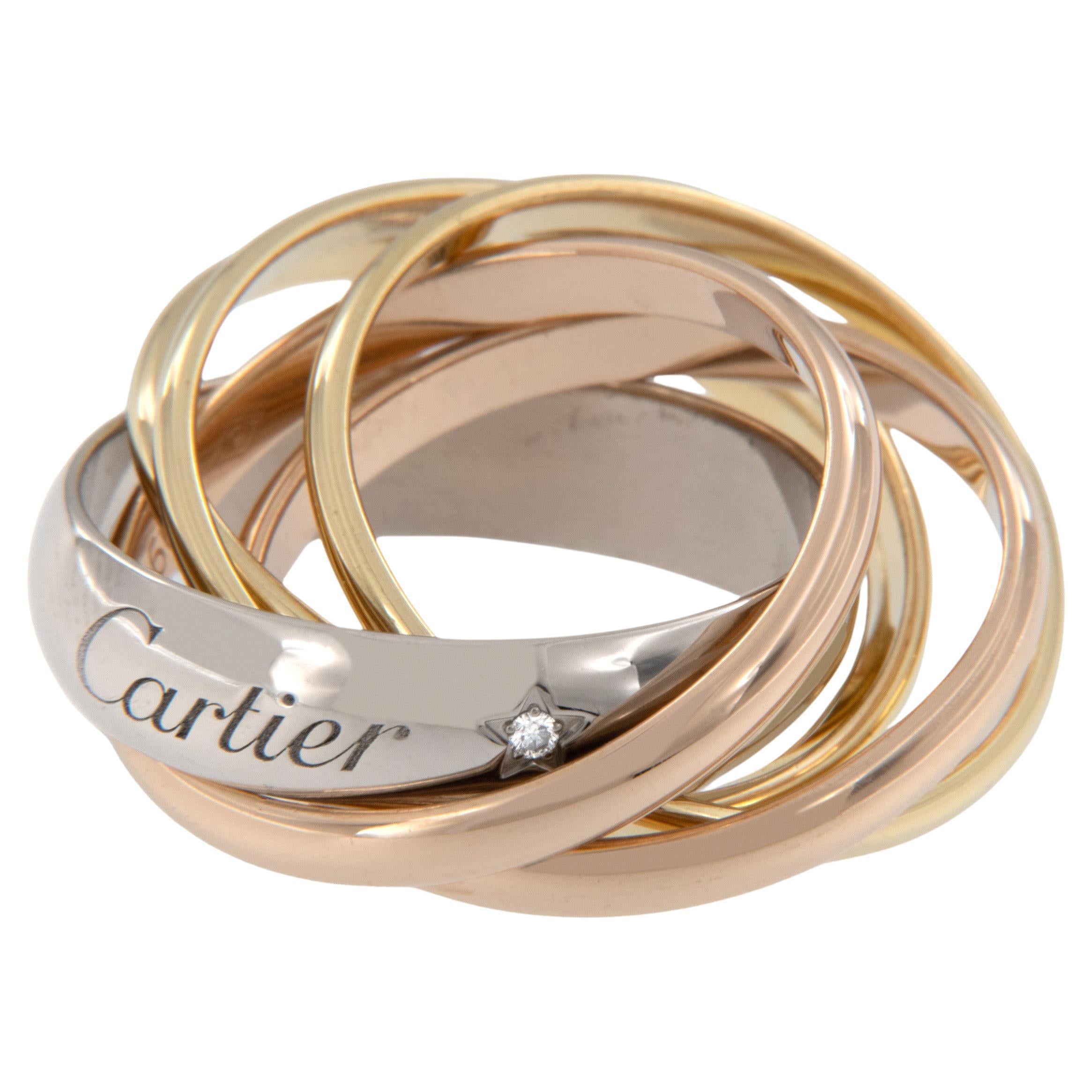 Rare-18 Karat Tri Color Gold Cartier Le Belle Rolling Diamond Band Ring For Sale