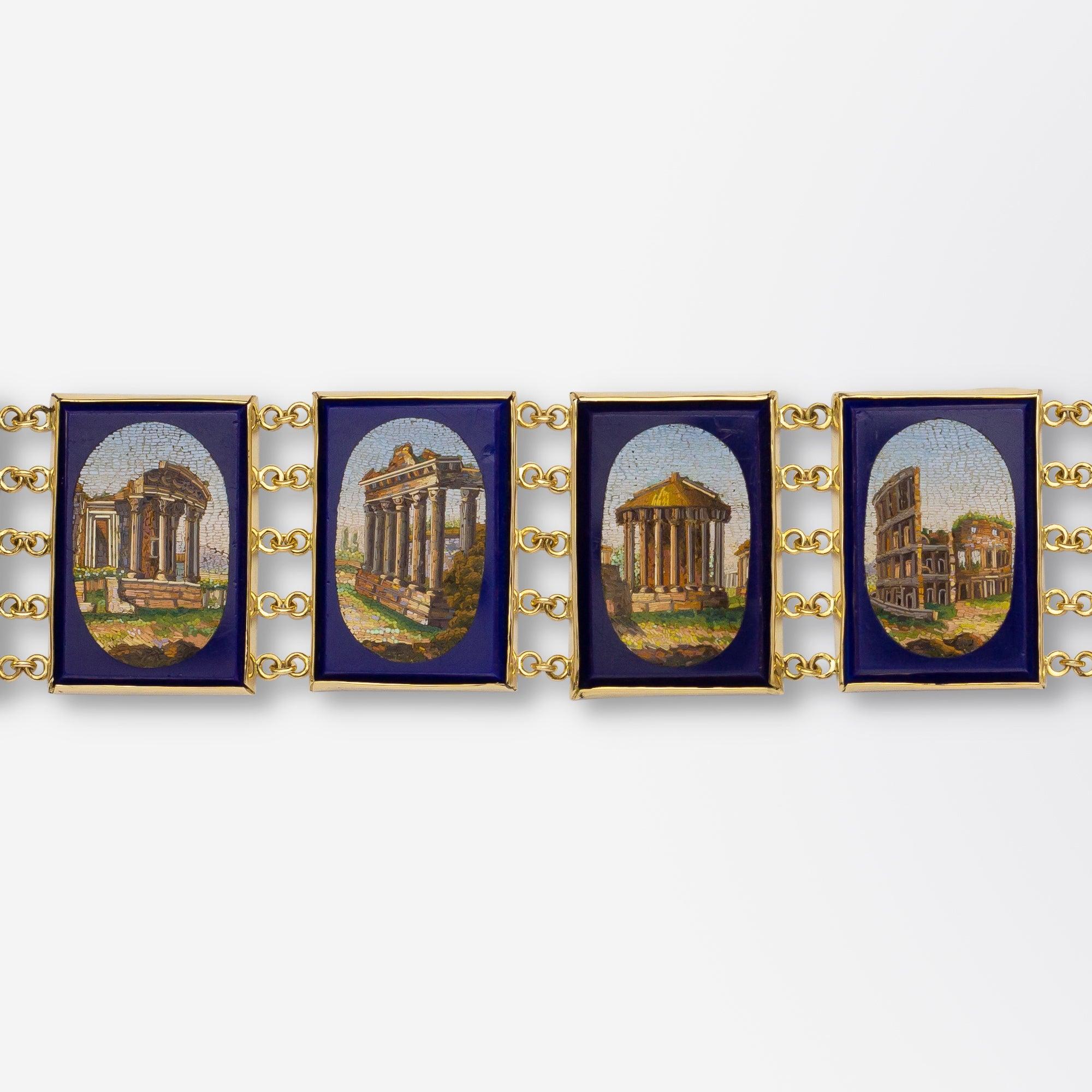 An exceptional 18 karat yellow gold and seven panel micro mosaic bracelet. The bracelet centres around seven cobalt blue glass panels which are inset with micro mosaic depictions of Roman ruins, likely acquired on a 'Grand Tour' in Italy during the