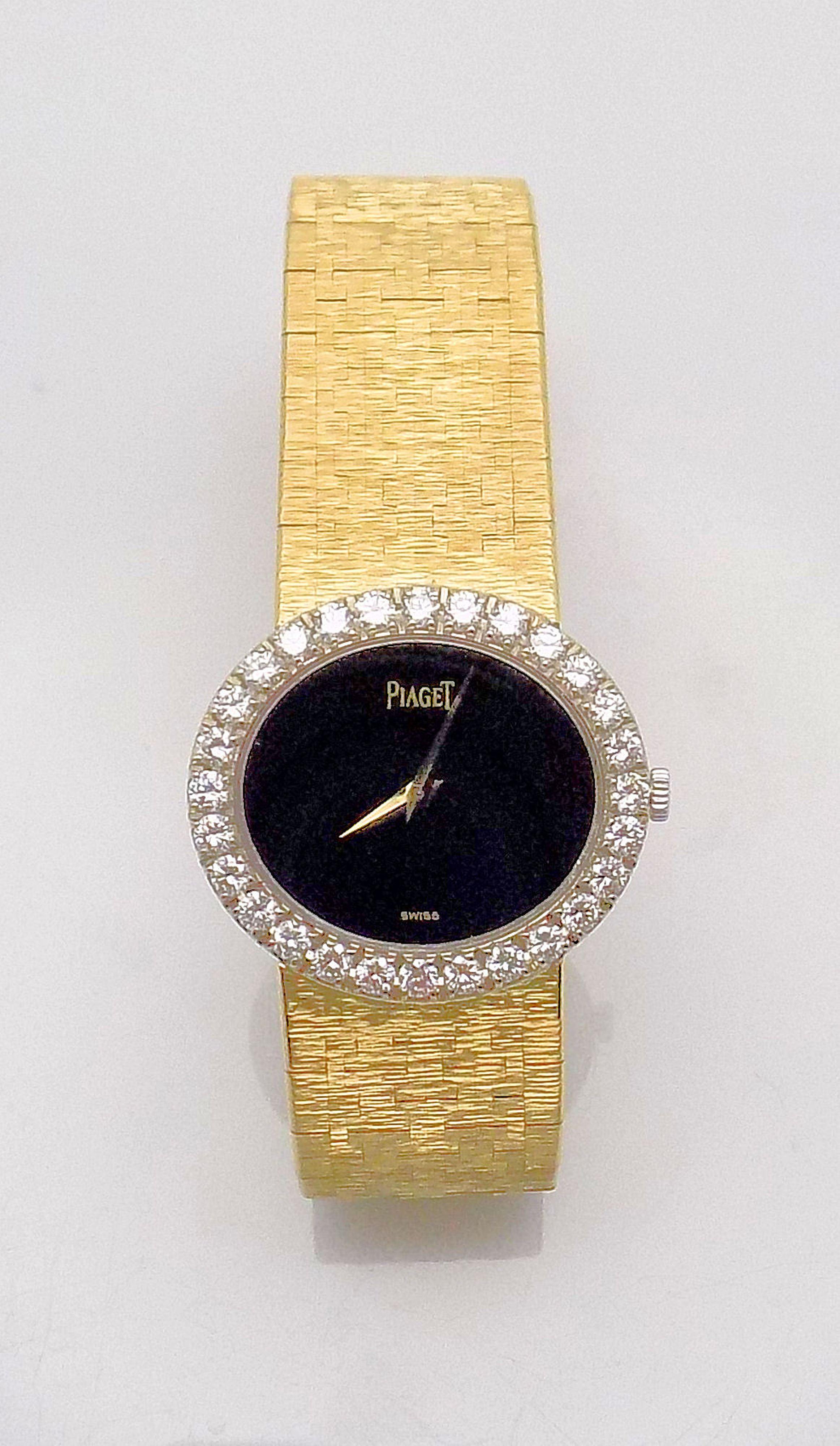Rare 18 Karat Yellow Gold Lady's Stone Dial and Diamond Bezel Piaget Wrist Watch In Excellent Condition For Sale In Dallas, TX