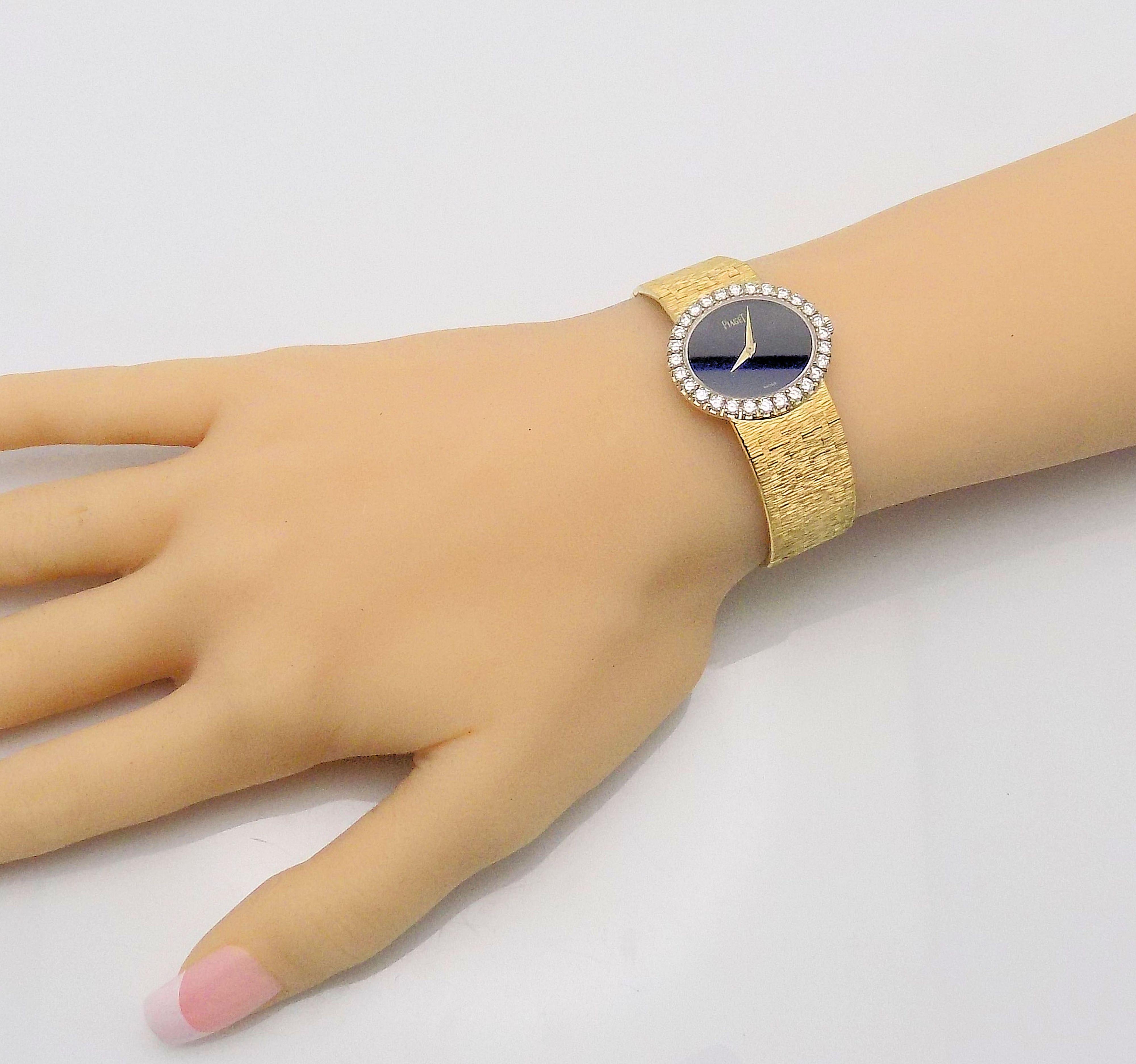 Women's Rare 18 Karat Yellow Gold Lady's Stone Dial and Diamond Bezel Piaget Wrist Watch For Sale