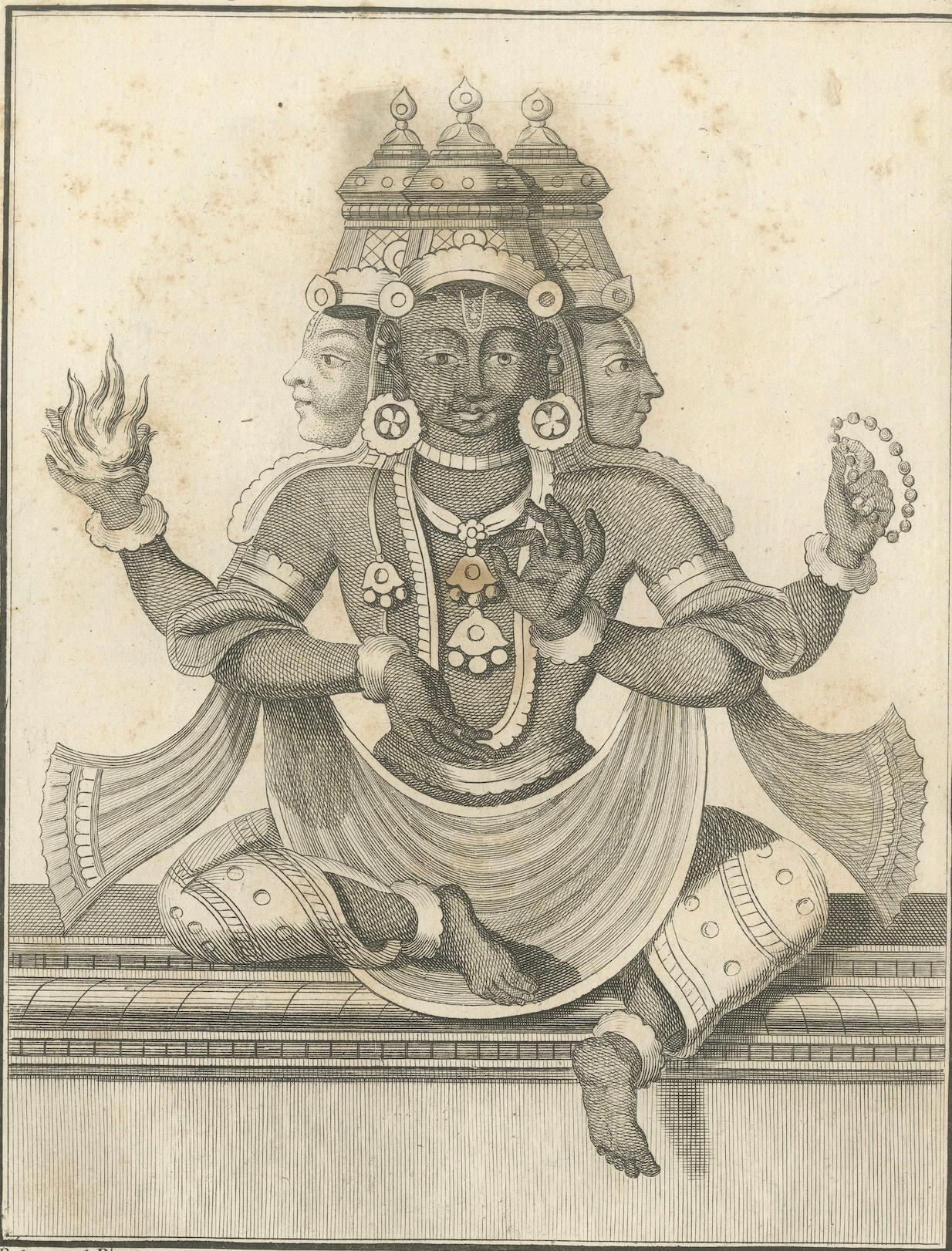 Gravé Rare imprimé ancien de la Trinity Trimurti de 1806 - gravure de divinité hindoue, pièce de collection en vente