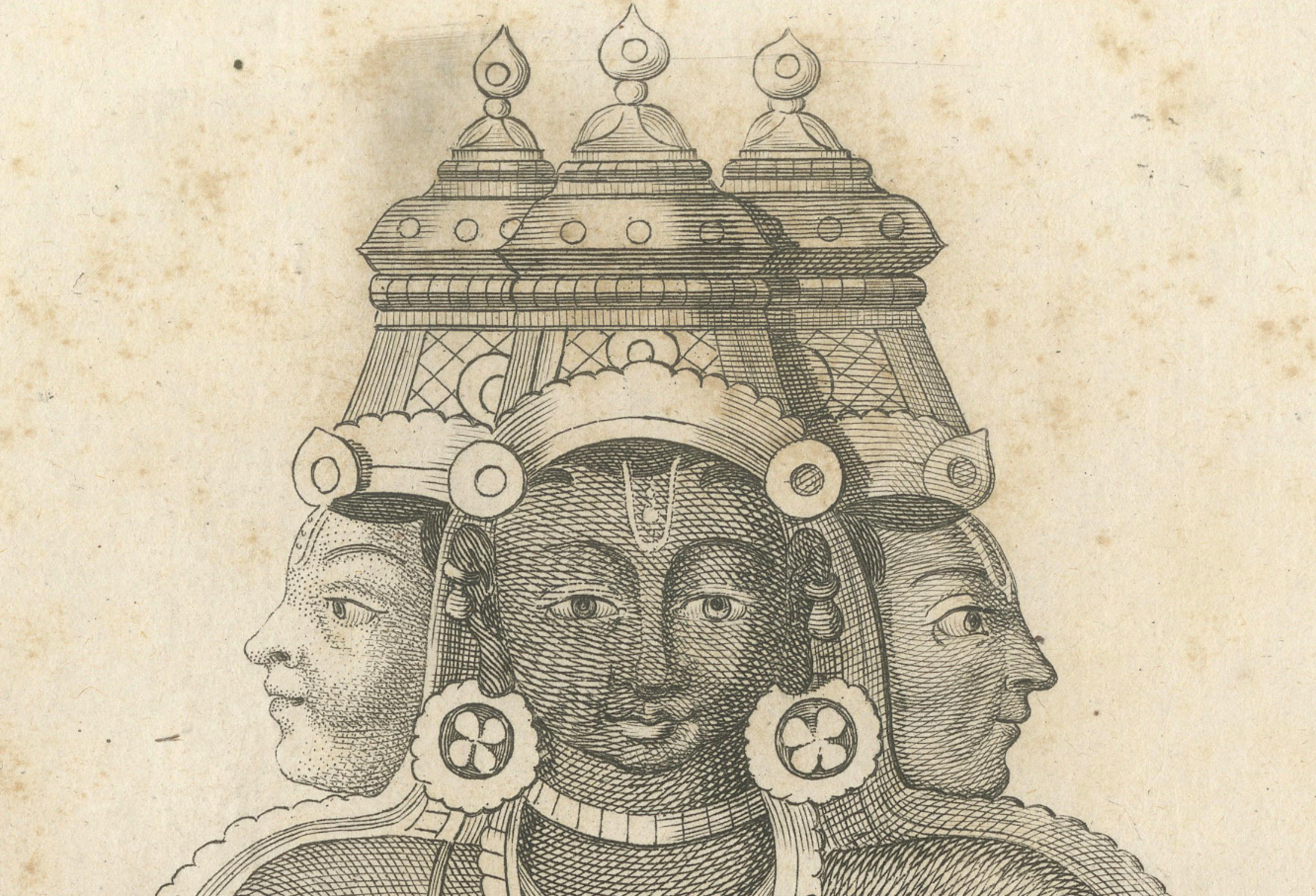 Rare imprimé ancien de la Trinity Trimurti de 1806 - gravure de divinité hindoue, pièce de collection État moyen - En vente à Langweer, NL