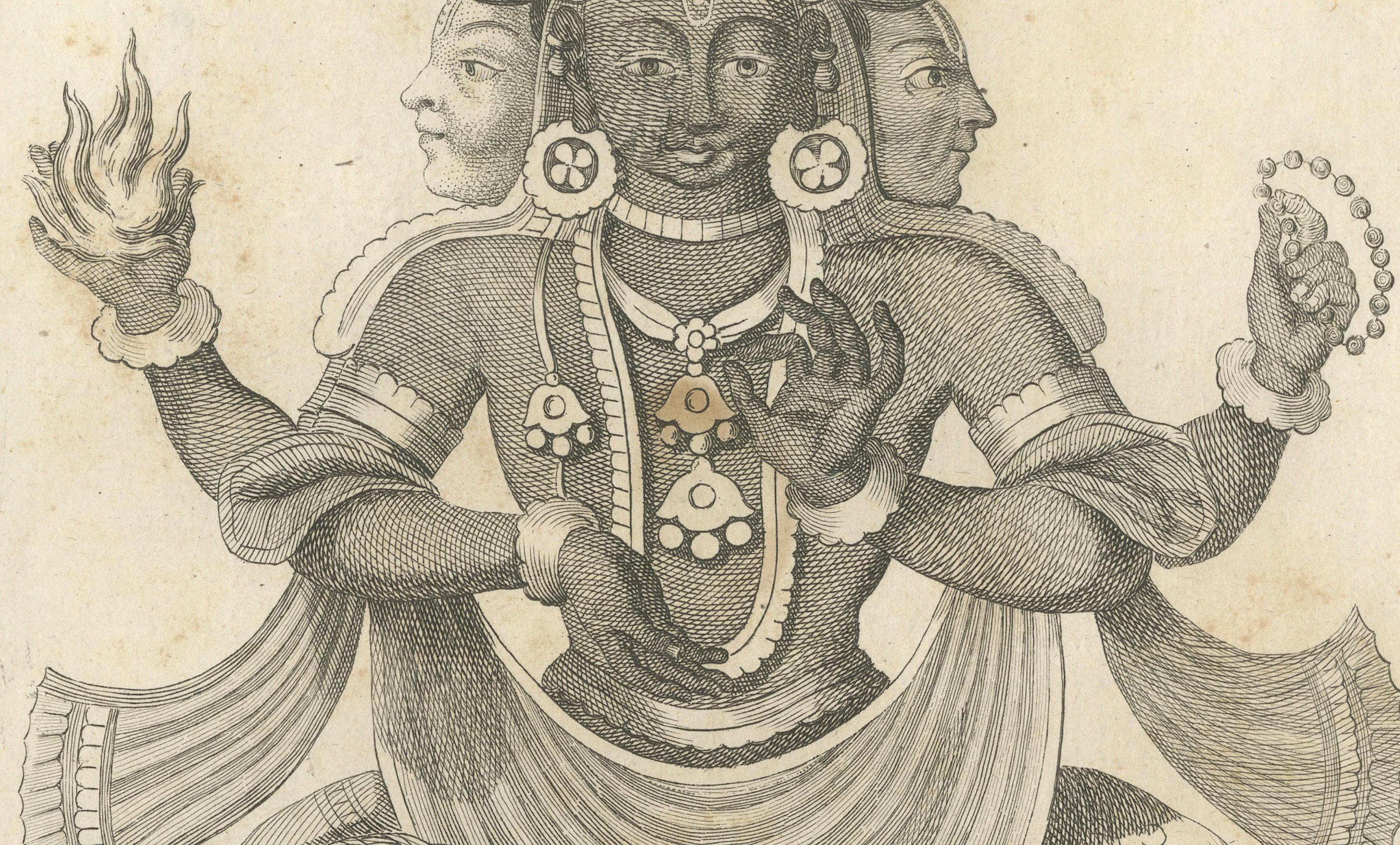Début du XIXe siècle Rare imprimé ancien de la Trinity Trimurti de 1806 - gravure de divinité hindoue, pièce de collection en vente