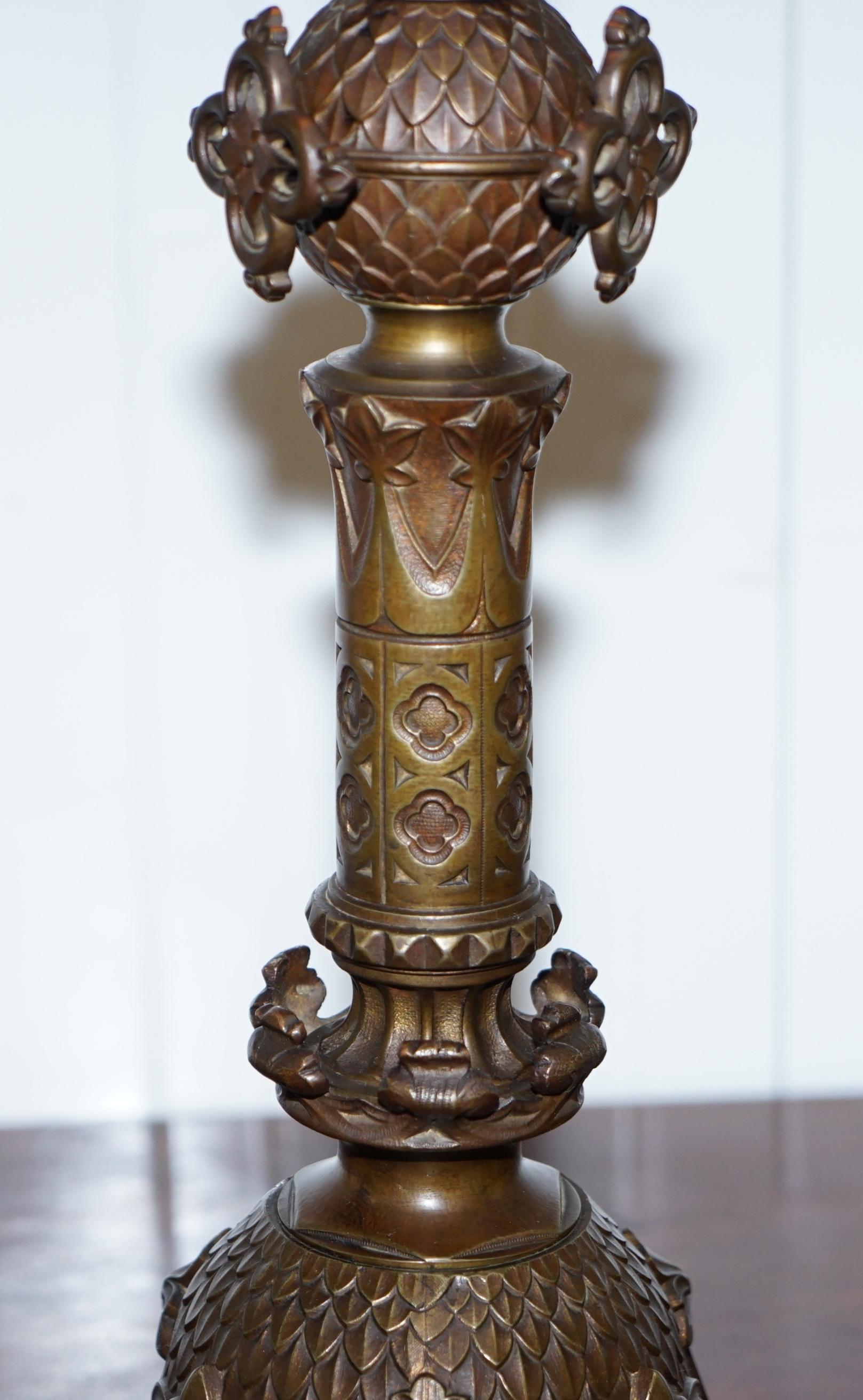 Rare 1820 Pugin Gothic Large Solid Bronze Candlestick Lamp Conversion Religious 4