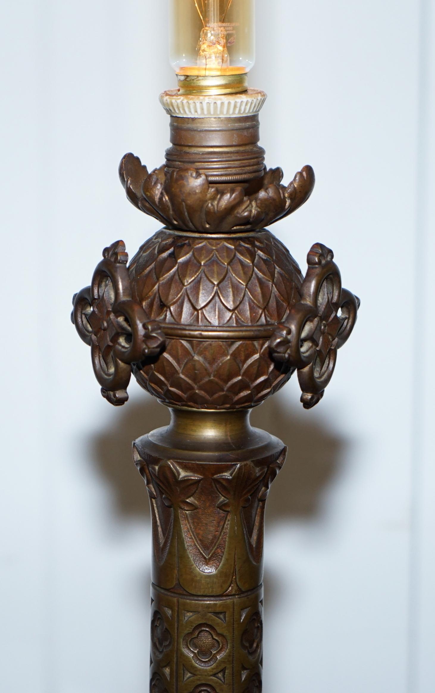 Rare 1820 Pugin Gothic Large Solid Bronze Candlestick Lamp Conversion Religious 5