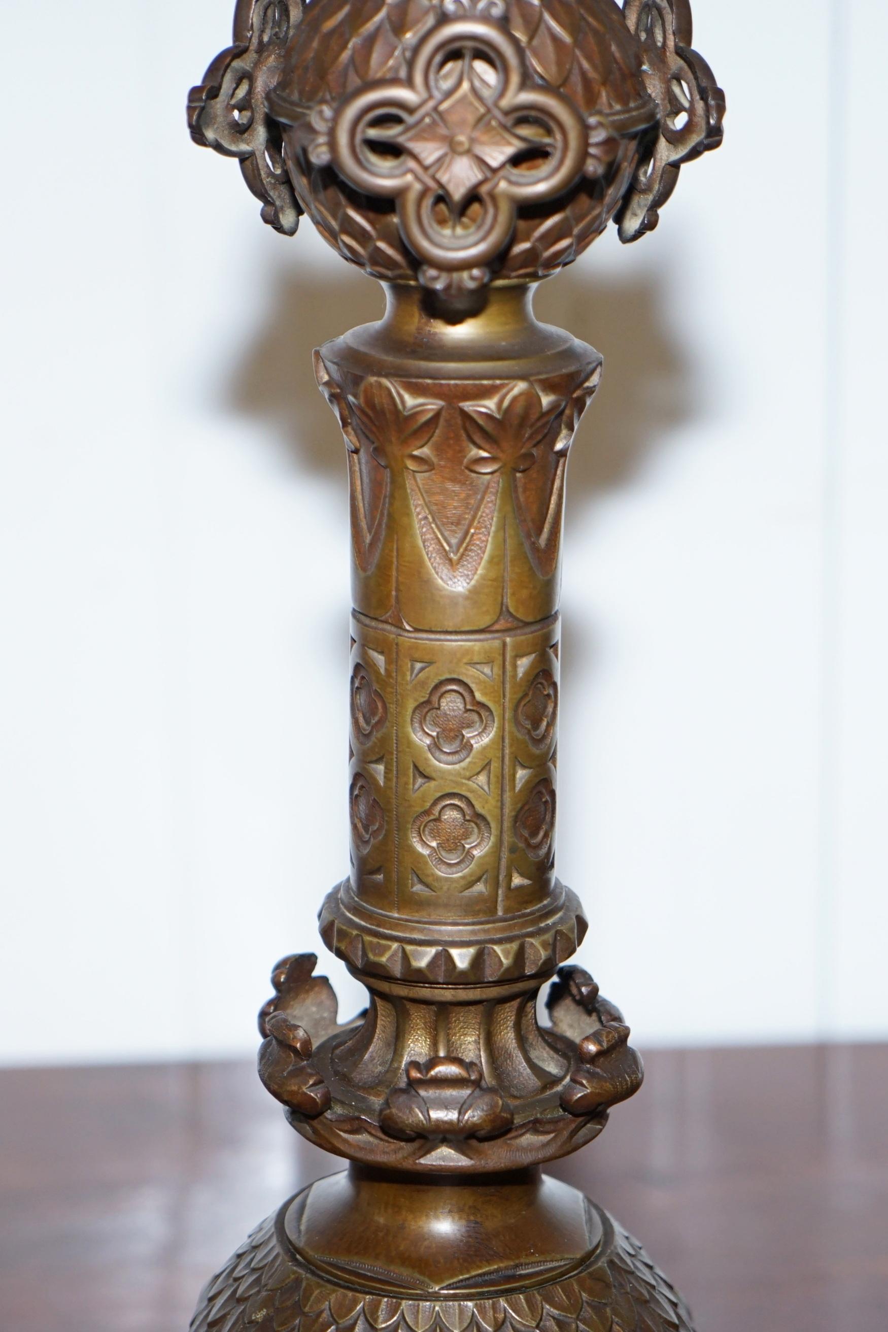 Rare 1820 Pugin Gothic Large Solid Bronze Candlestick Lamp Conversion Religious 7