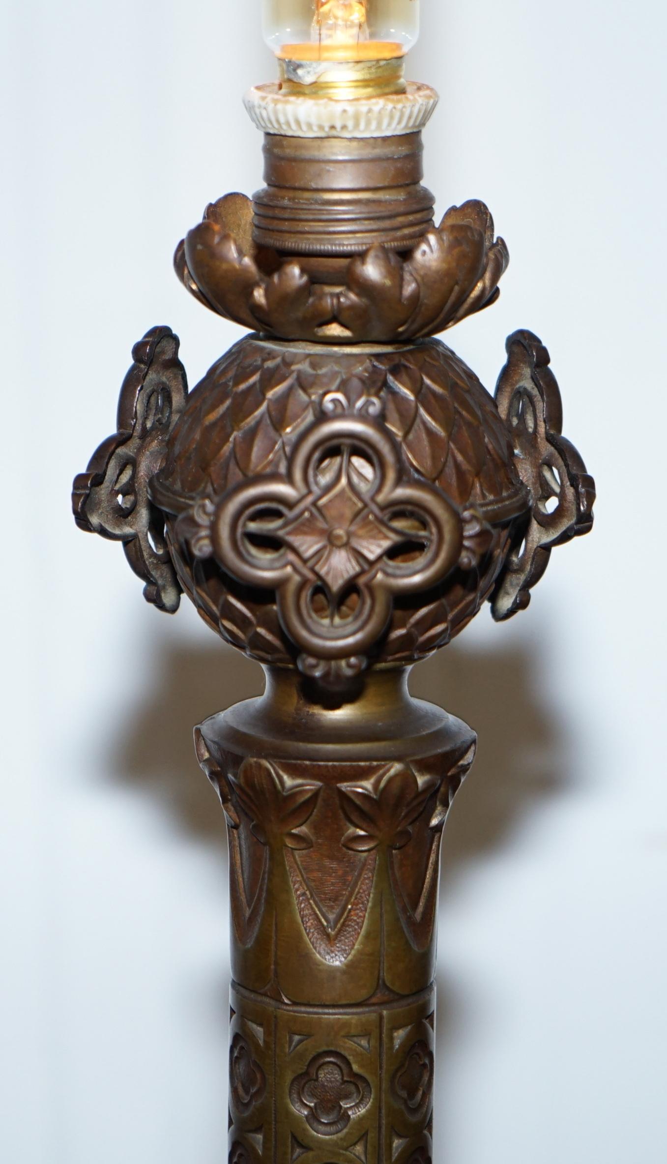 Rare 1820 Pugin Gothic Large Solid Bronze Candlestick Lamp Conversion Religious 8