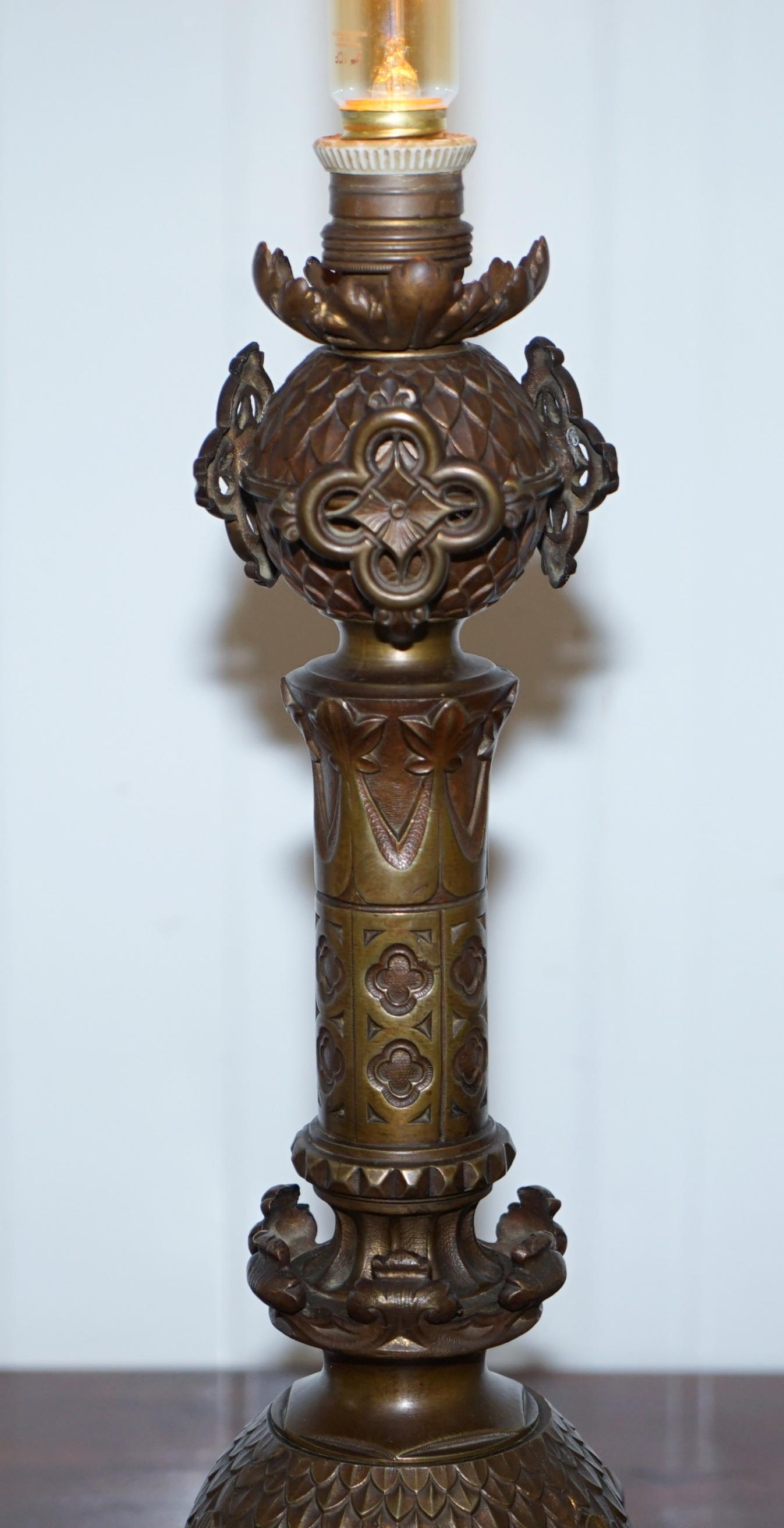 We are delighted to offer for sale this very rare large solid bronze Pugin Gothic style lamp conversion

A stunning piece, it adds style charm and charisma to any setting, the original Pugin's sell in the high thousands, this is in the style of