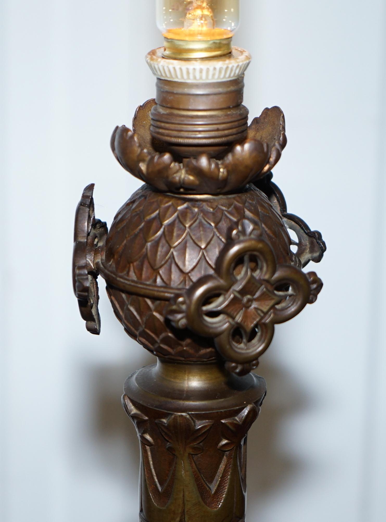 English Rare 1820 Pugin Gothic Large Solid Bronze Candlestick Lamp Conversion Religious