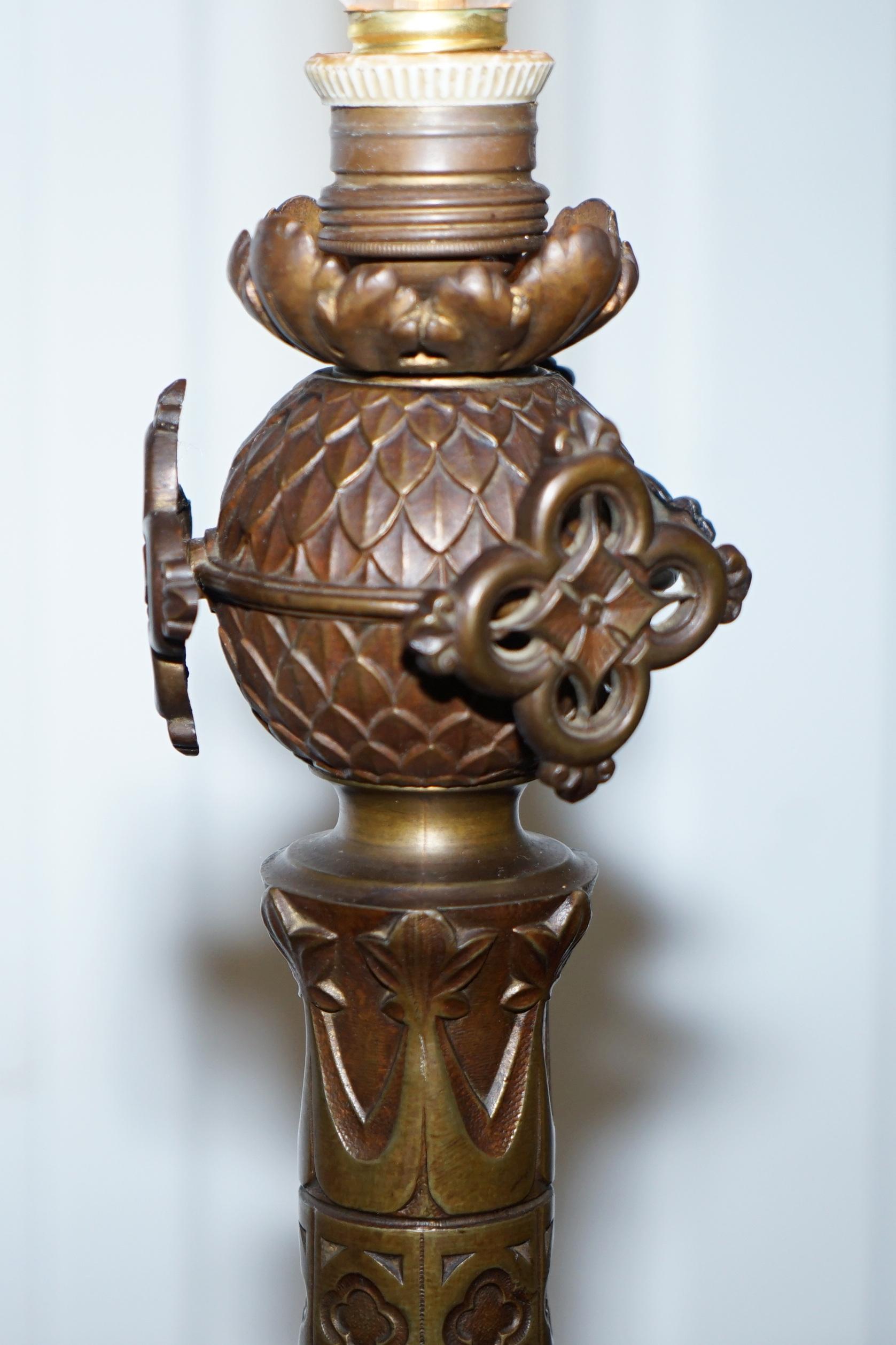 Cast Rare 1820 Pugin Gothic Large Solid Bronze Candlestick Lamp Conversion Religious