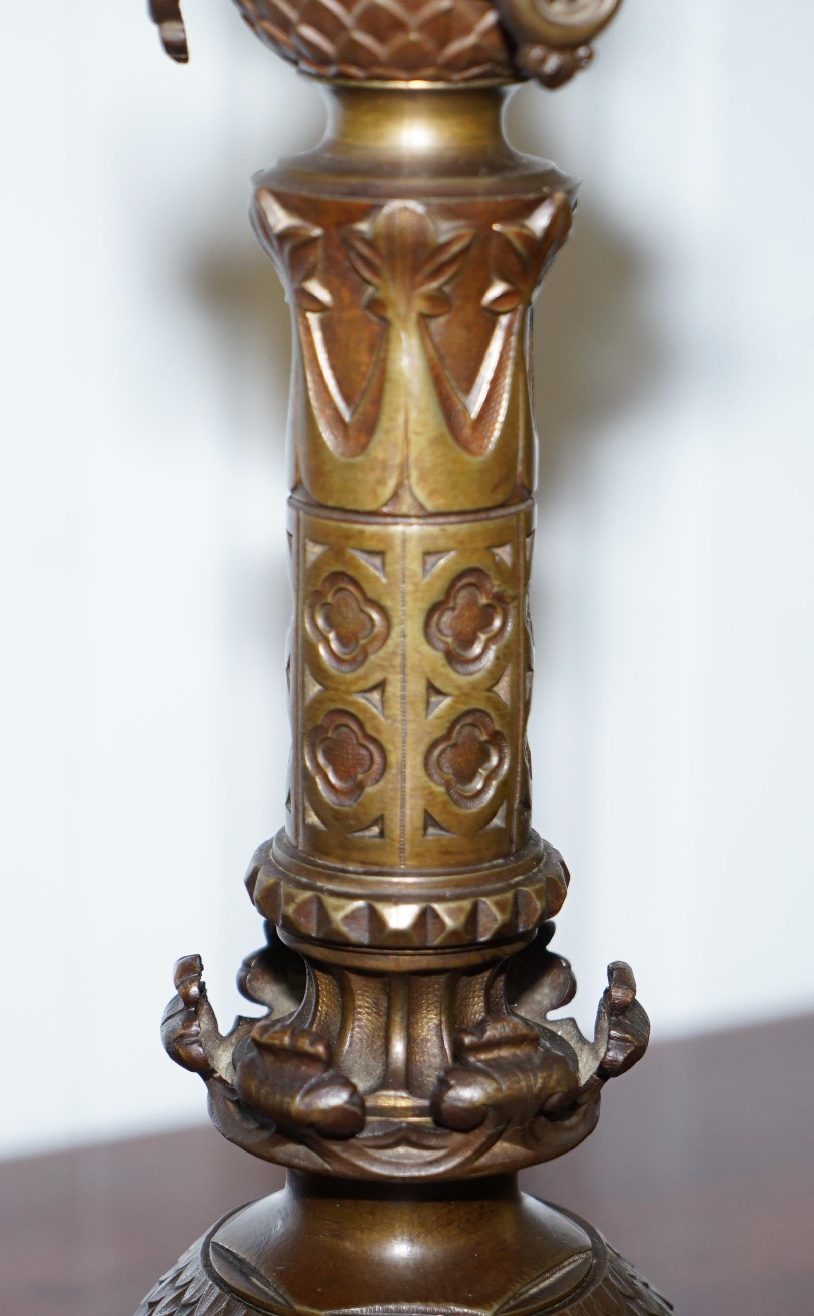 Early 19th Century Rare 1820 Pugin Gothic Large Solid Bronze Candlestick Lamp Conversion Religious