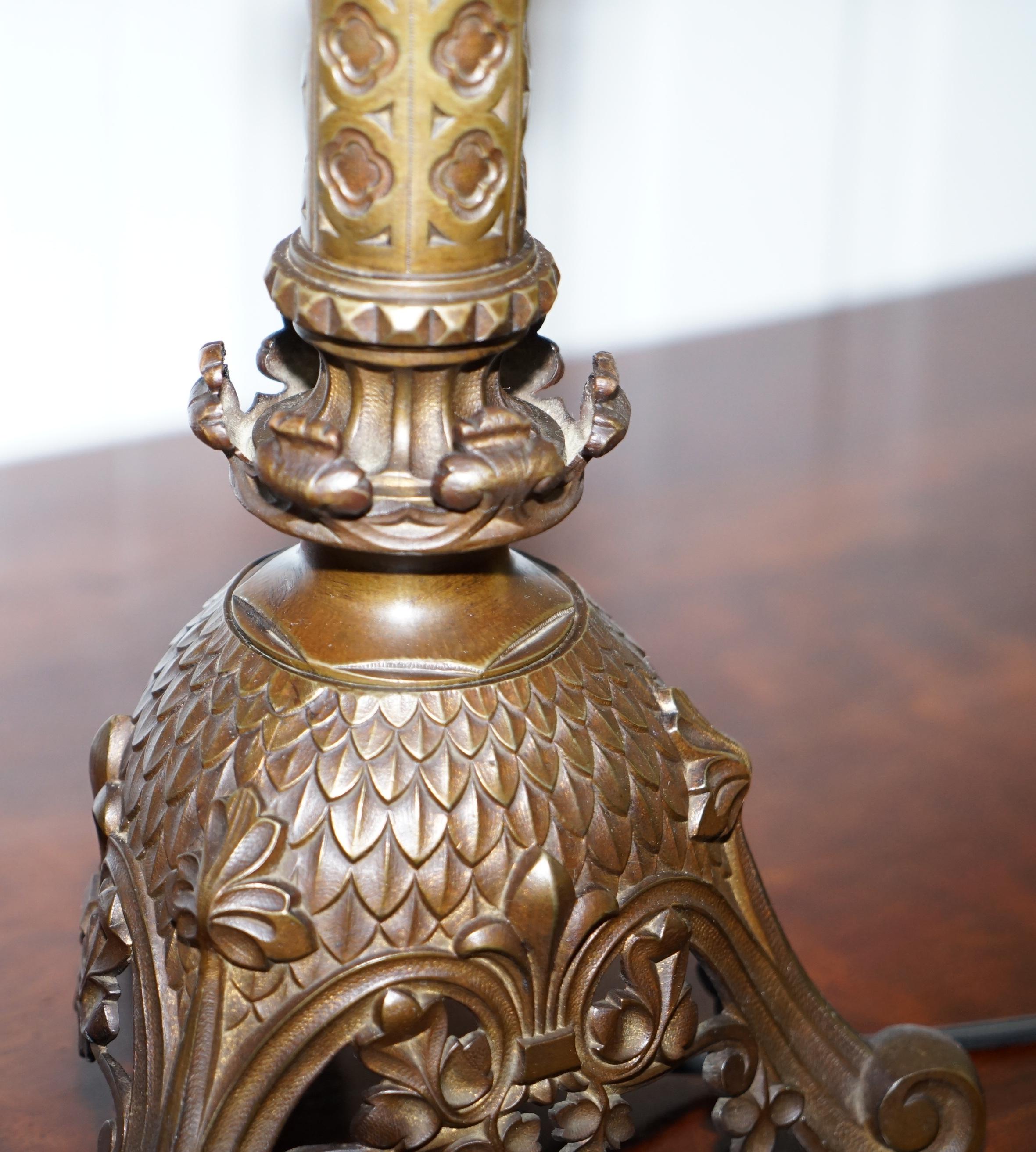 Rare 1820 Pugin Gothic Large Solid Bronze Candlestick Lamp Conversion Religious 1