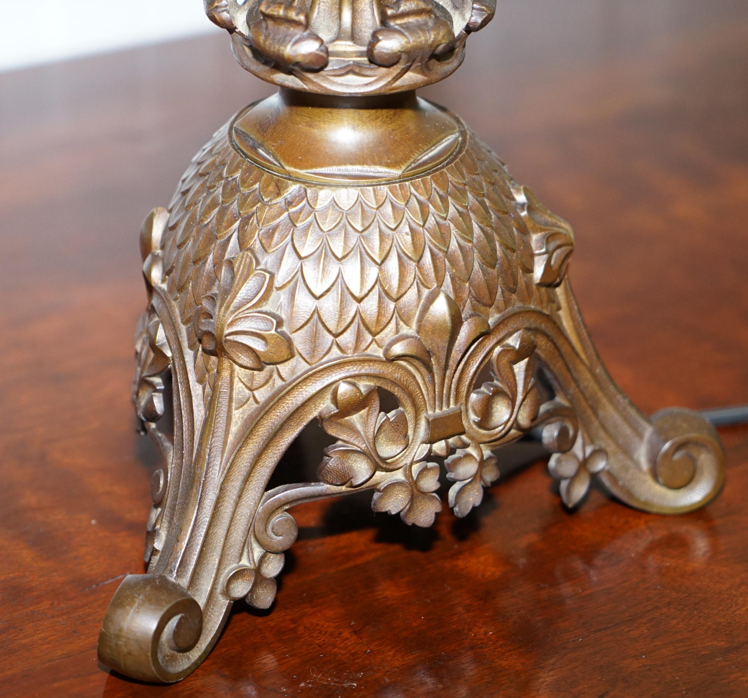 Rare 1820 Pugin Gothic Large Solid Bronze Candlestick Lamp Conversion Religious 2