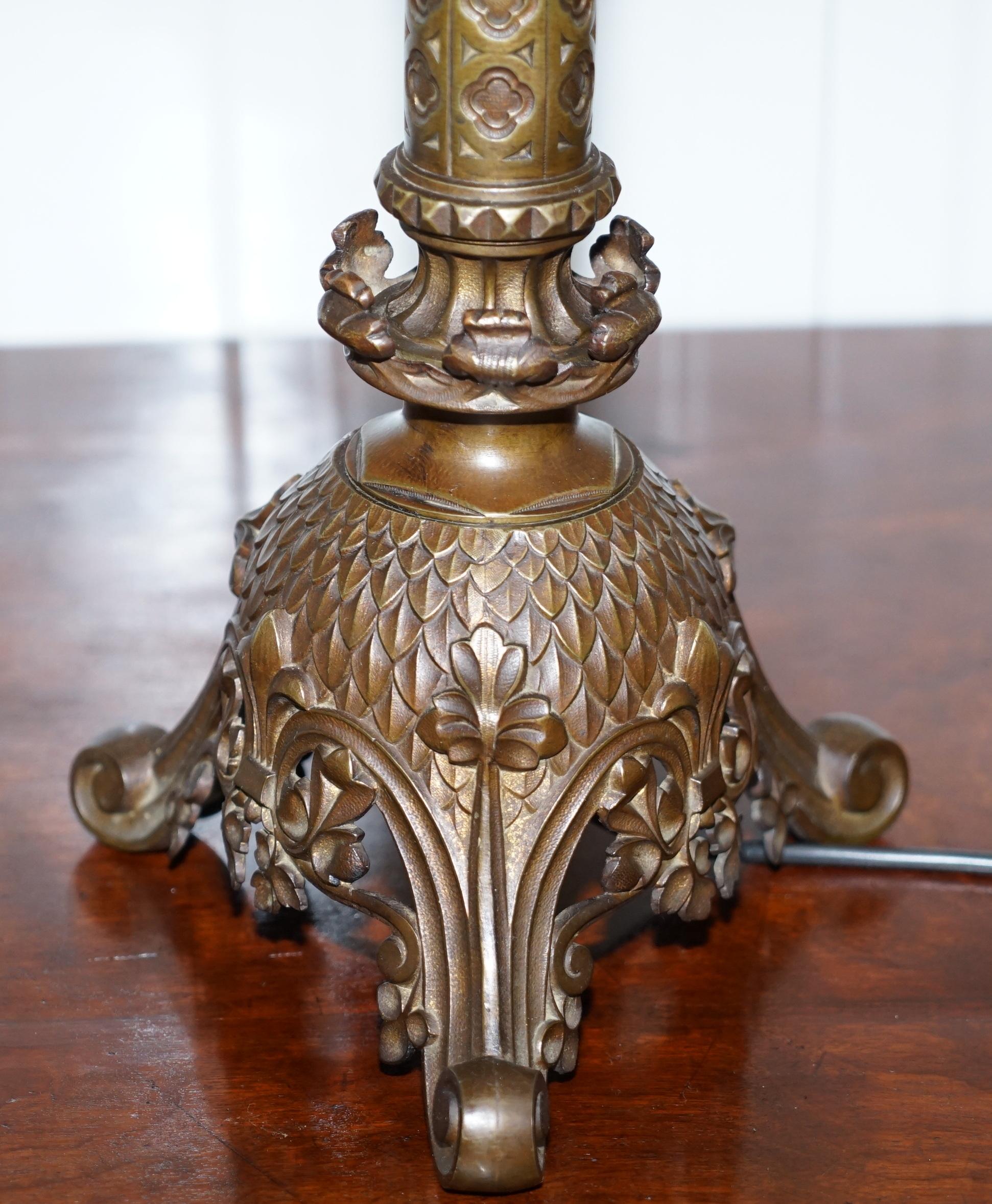 Rare 1820 Pugin Gothic Large Solid Bronze Candlestick Lamp Conversion Religious 3
