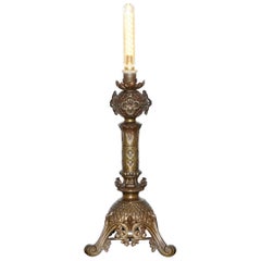 Rare 1820 Pugin Gothic Large Solid Bronze Candlestick Lamp Conversion Religious