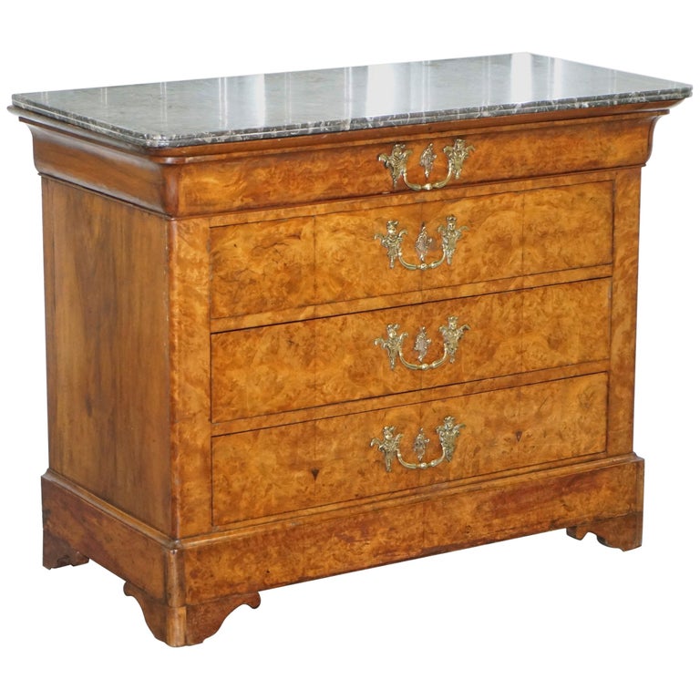 Rare 1830 Charles X Burr Elm Chest Of Drawers Commode With Marble