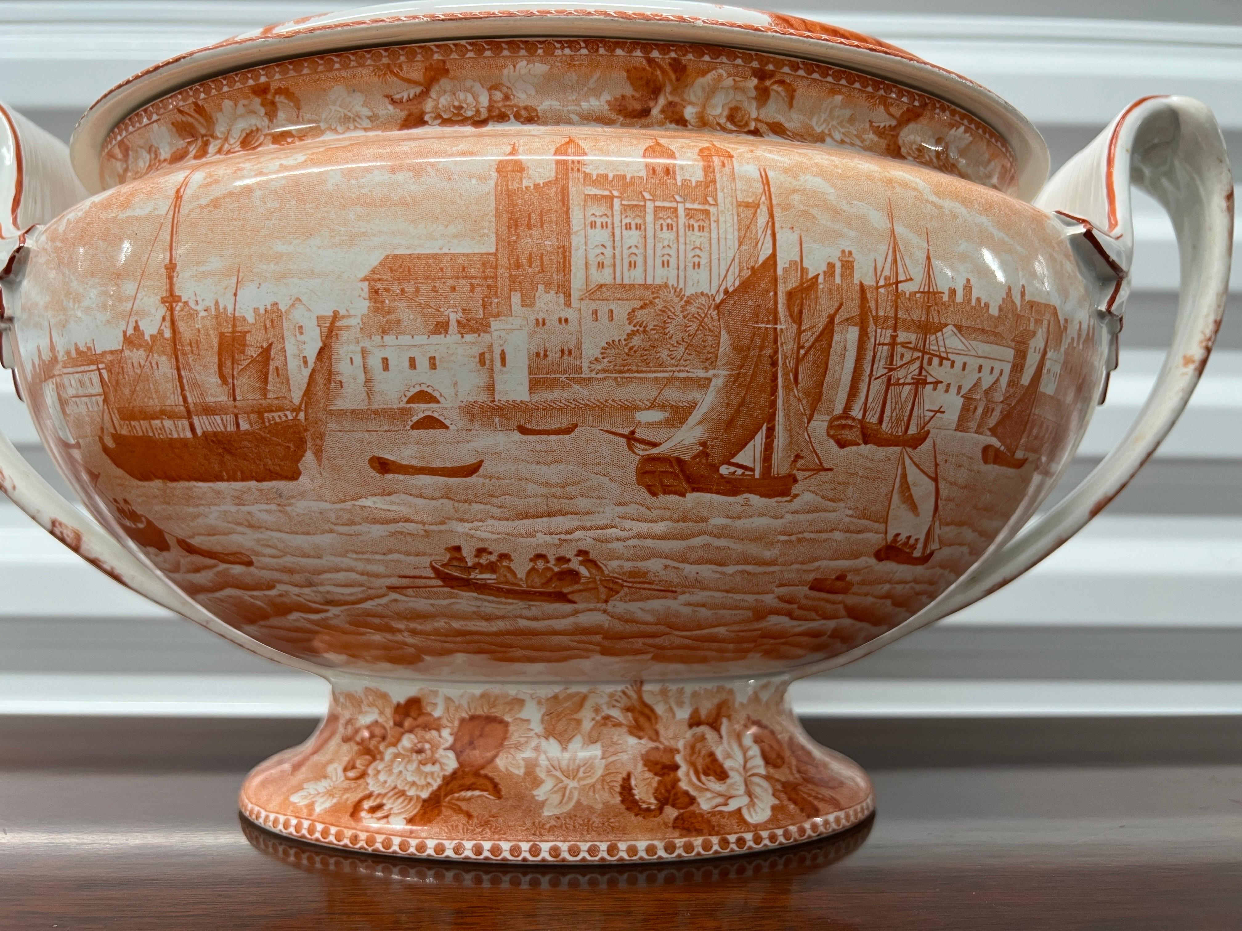 Soupière Wedgwood « Tower Of London » en céramique perlée orange transfert des années 1840  Bon état - En vente à Atlanta, GA