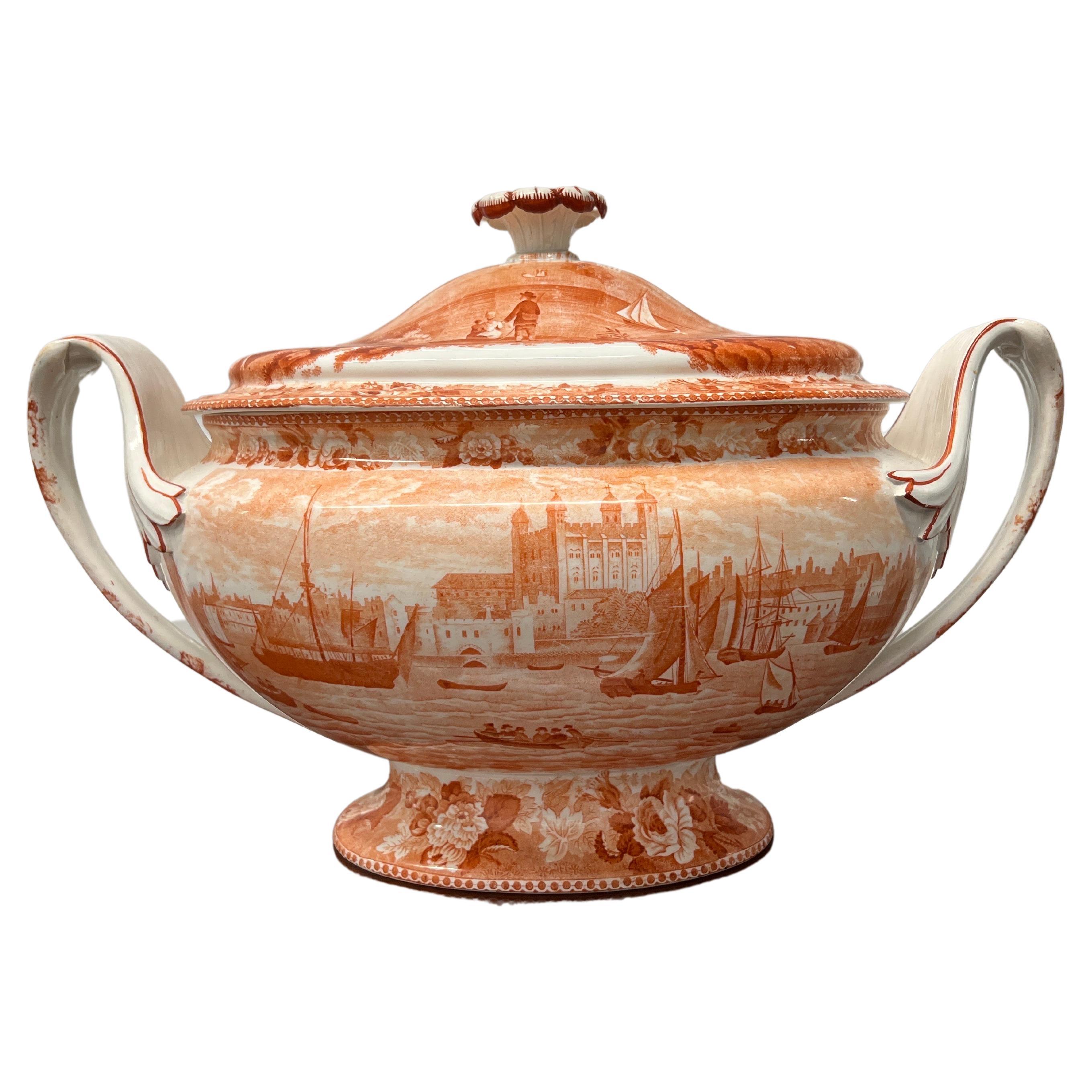 RARE 1840's Wedgwood "Tower Of London" In Orange Transfer Pearlware Tureen  For Sale
