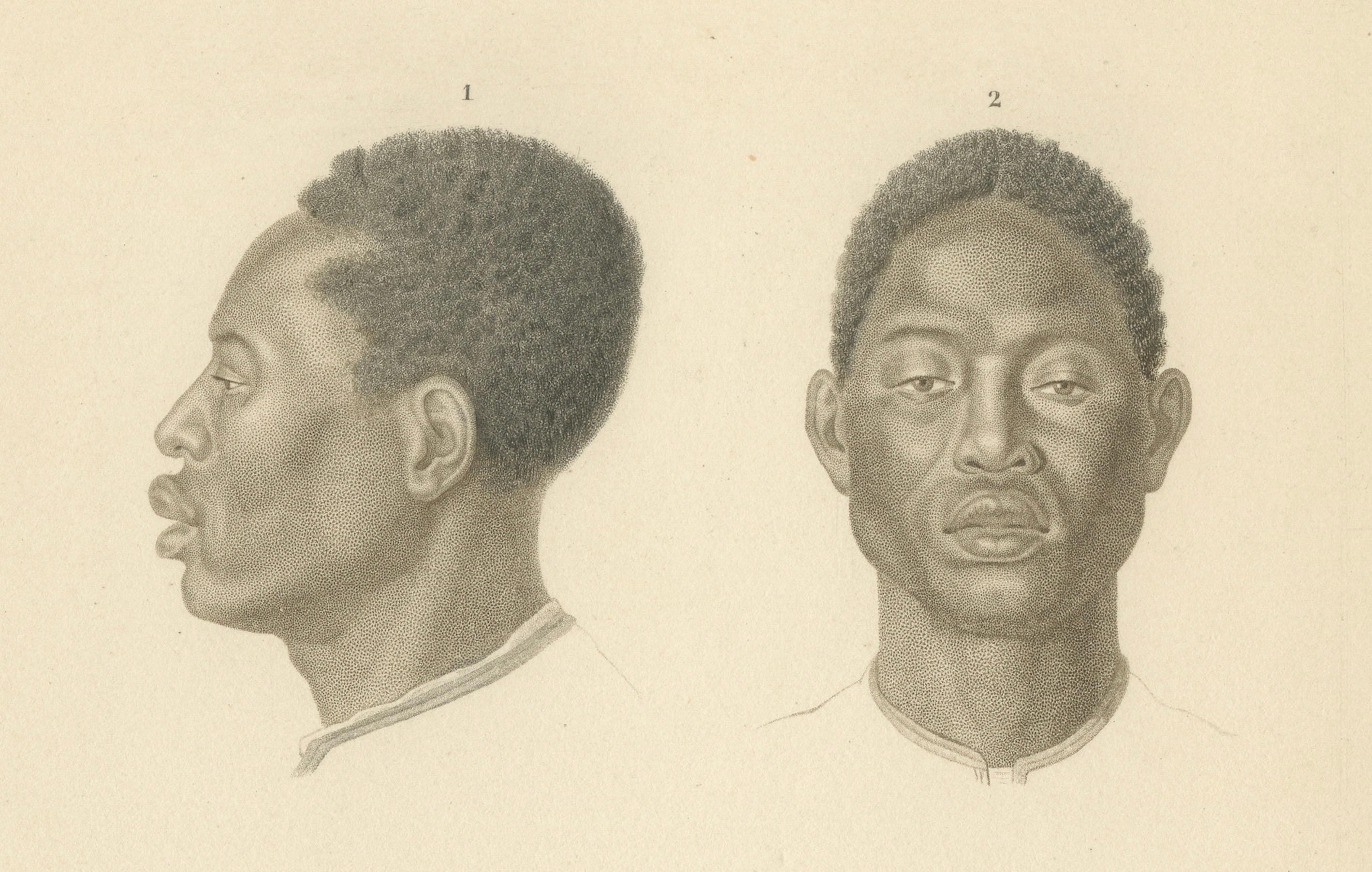 Rare 1849 Handcolored Engraving of African & Charrúa (Uruguay) Men In Good Condition For Sale In Langweer, NL