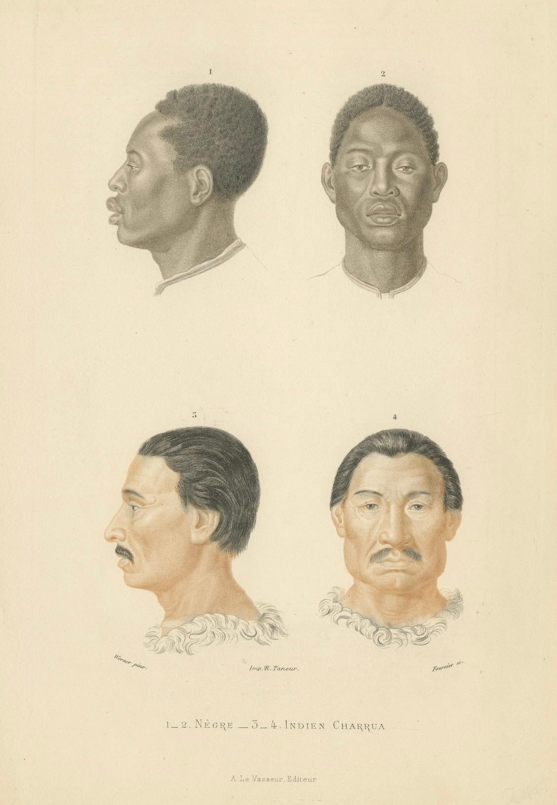Mid-19th Century Rare 1849 Handcolored Engraving of African & Charrúa (Uruguay) Men For Sale