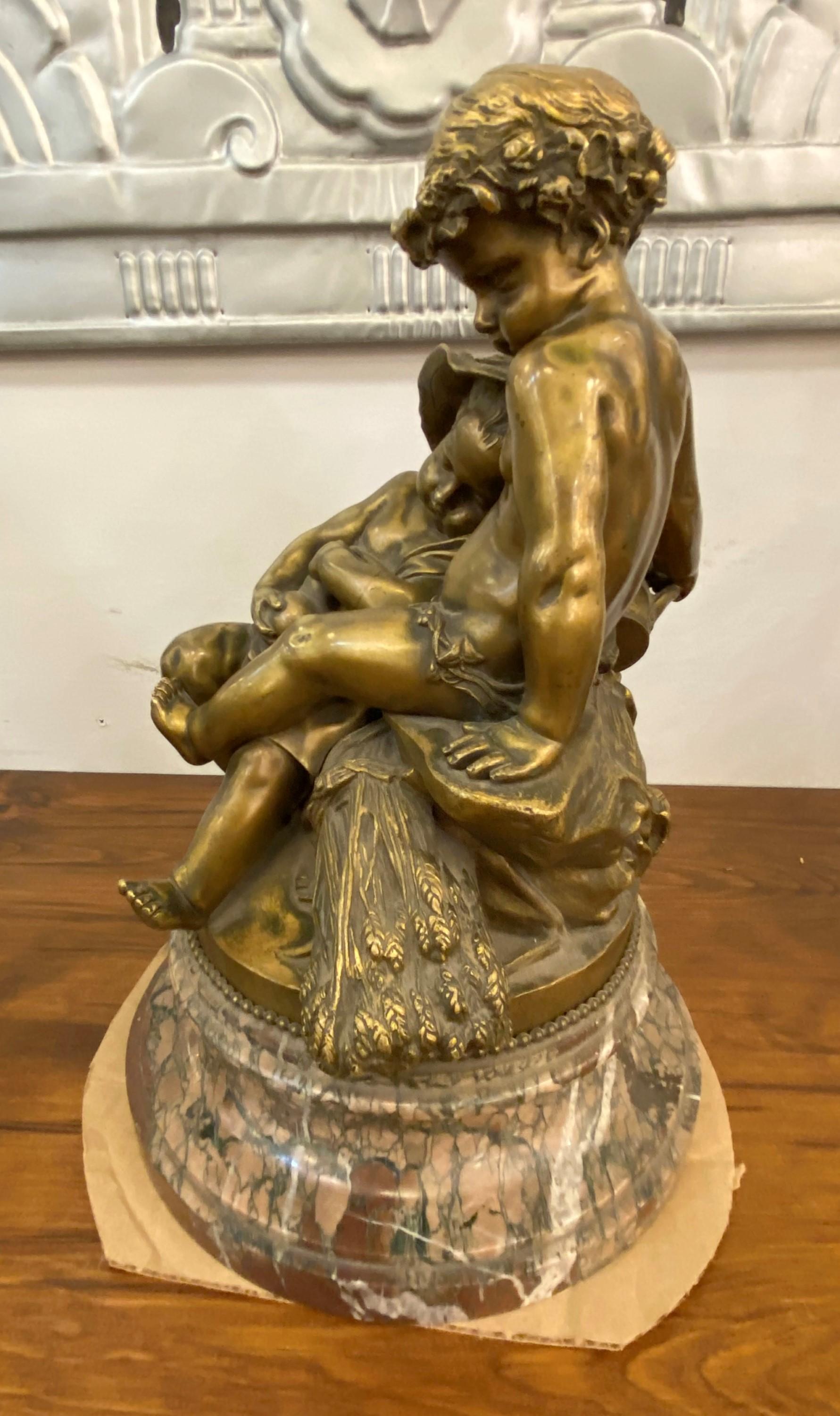 1850 Signed Pigalle Bronze Statue Marble Base 2 Sitting Putti For Sale 4