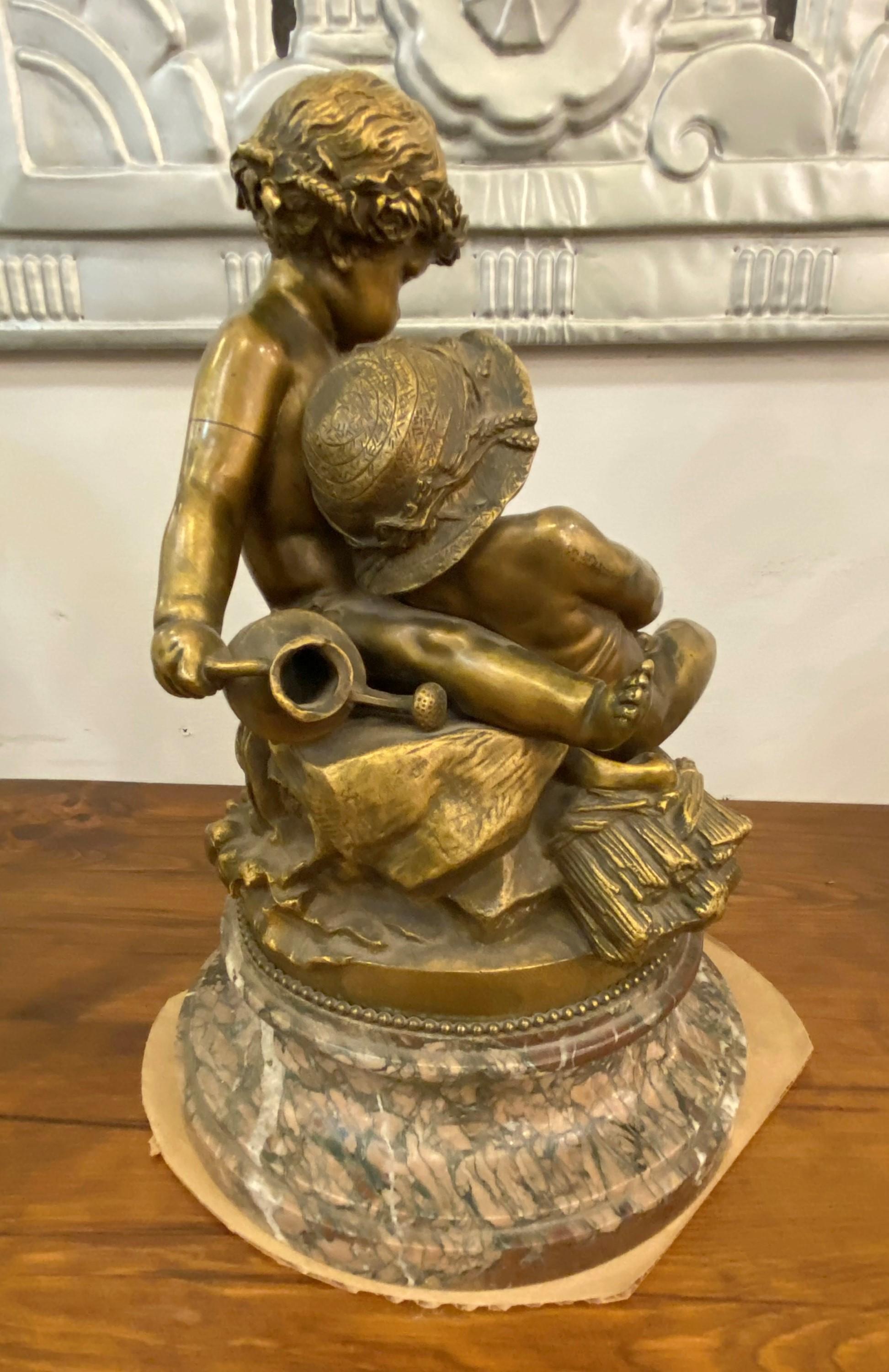 1850 Signed Pigalle Bronze Statue Marble Base 2 Sitting Putti For Sale 6