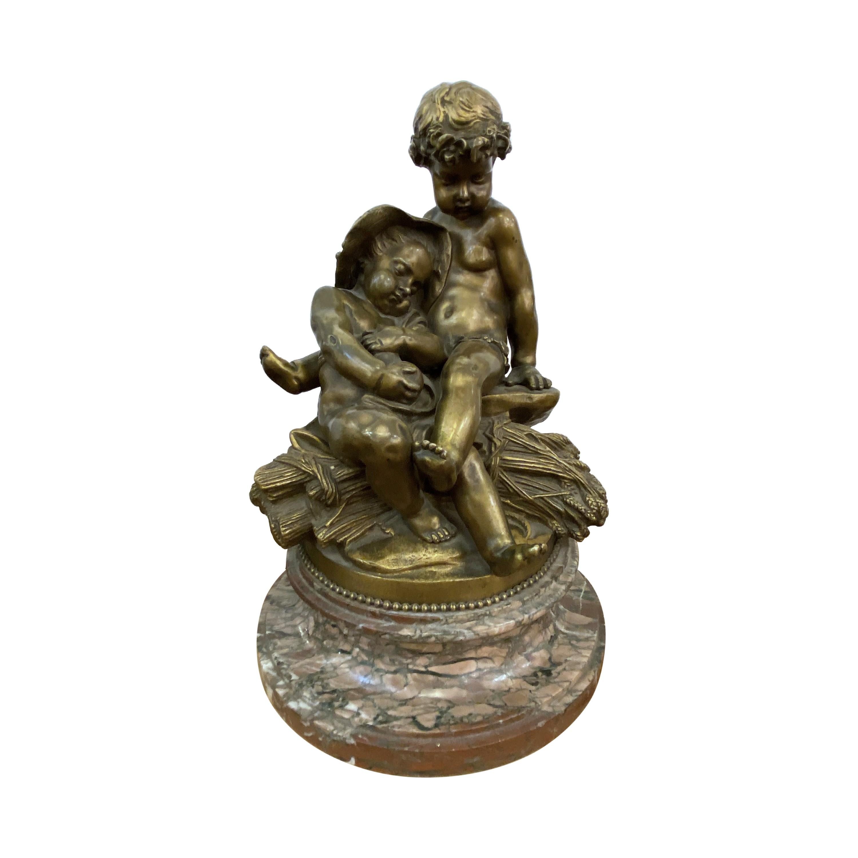 1850 Signed Pigalle Bronze Statue Marble Base 2 Sitting Putti In Good Condition For Sale In New York, NY