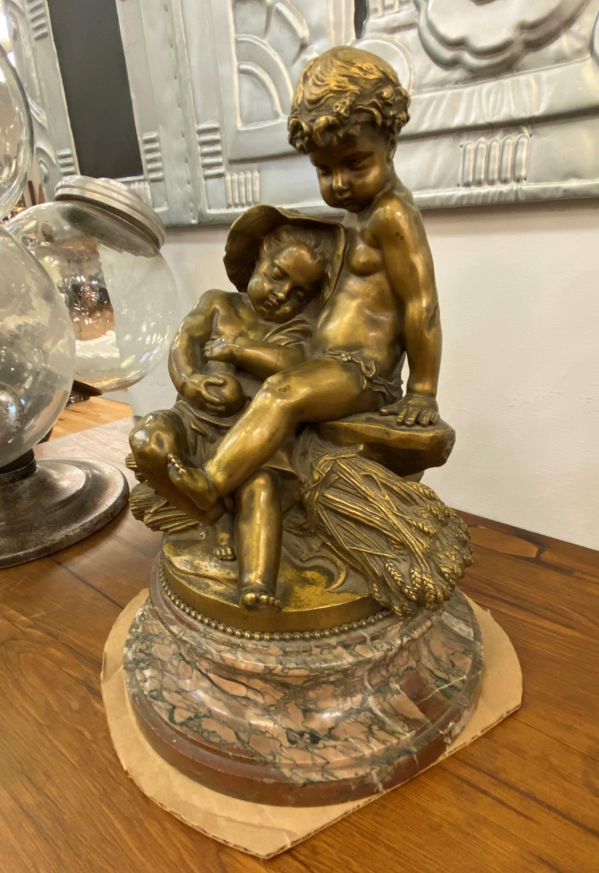 1850 Signed Pigalle Bronze Statue Marble Base 2 Sitting Putti For Sale 1