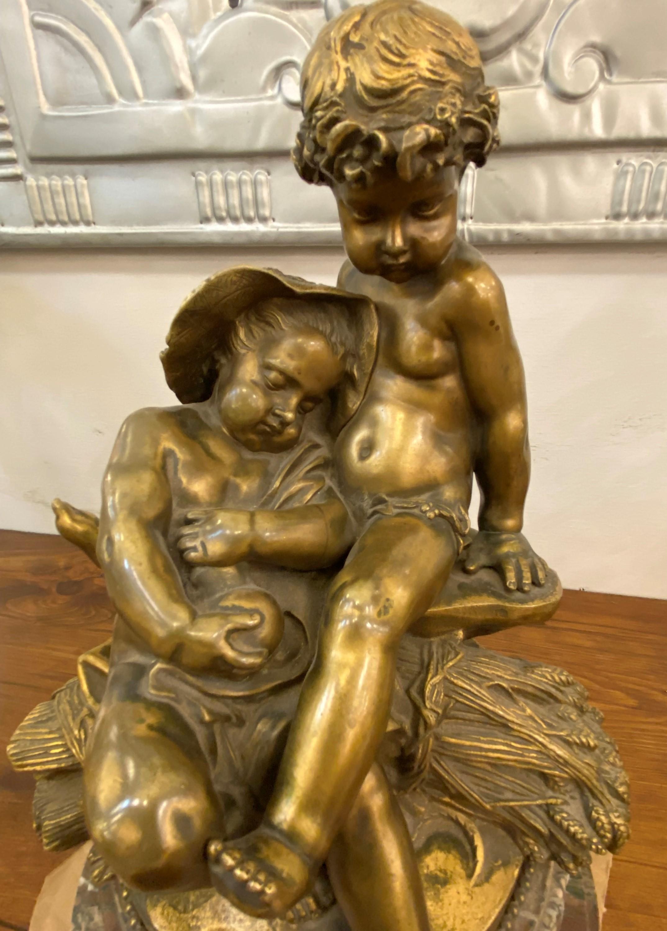 1850 Signed Pigalle Bronze Statue Marble Base 2 Sitting Putti For Sale 3