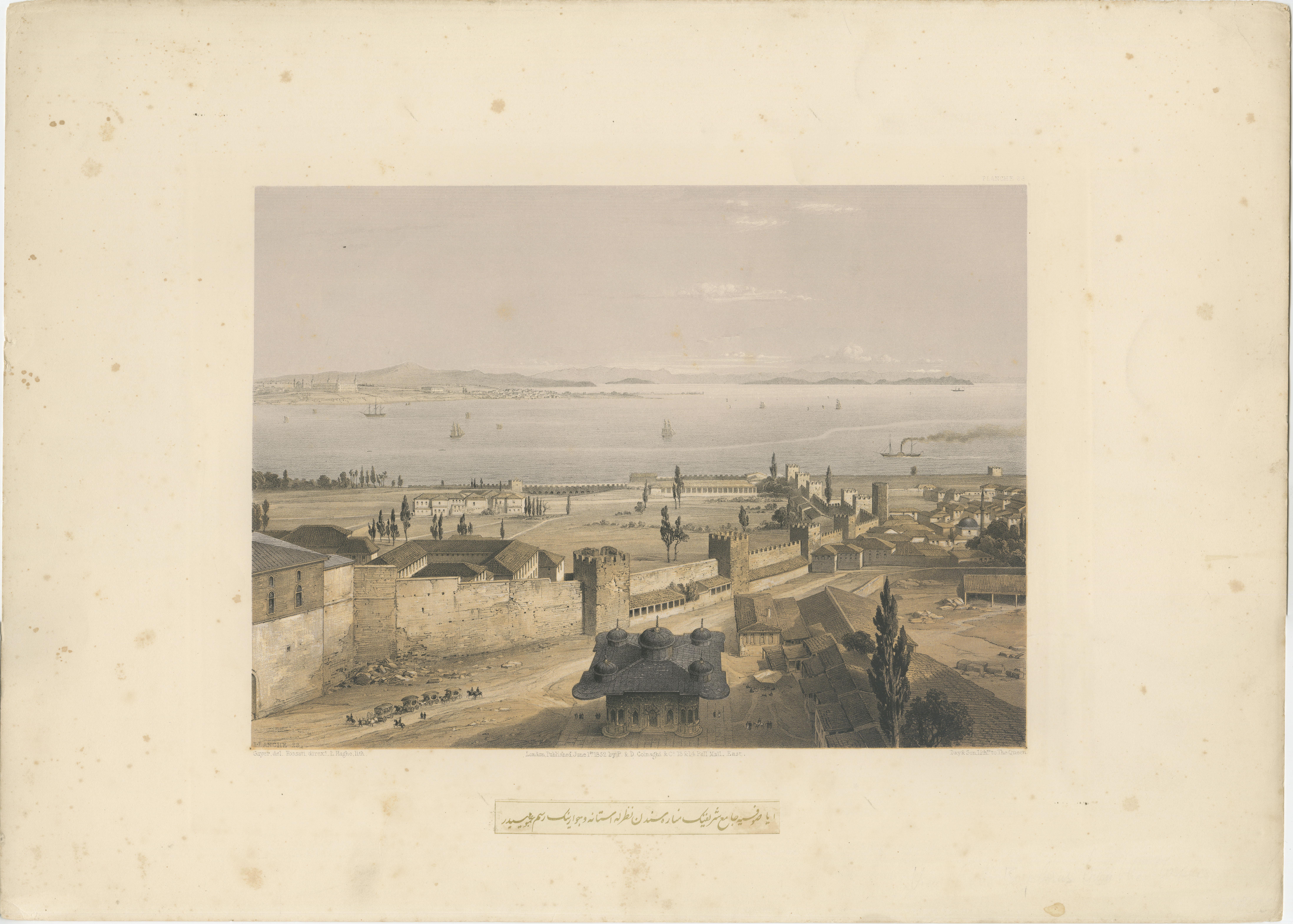 Título: Rara litografía tintada de 1852 del Palacio Topkapi y el Bósforo, Estambul, por L. Haghe según Fossati y Gayer

Descripción: Esta litografía tintada presenta una impresionante vista del palacio de Topkapi, la histórica residencia imperial de
